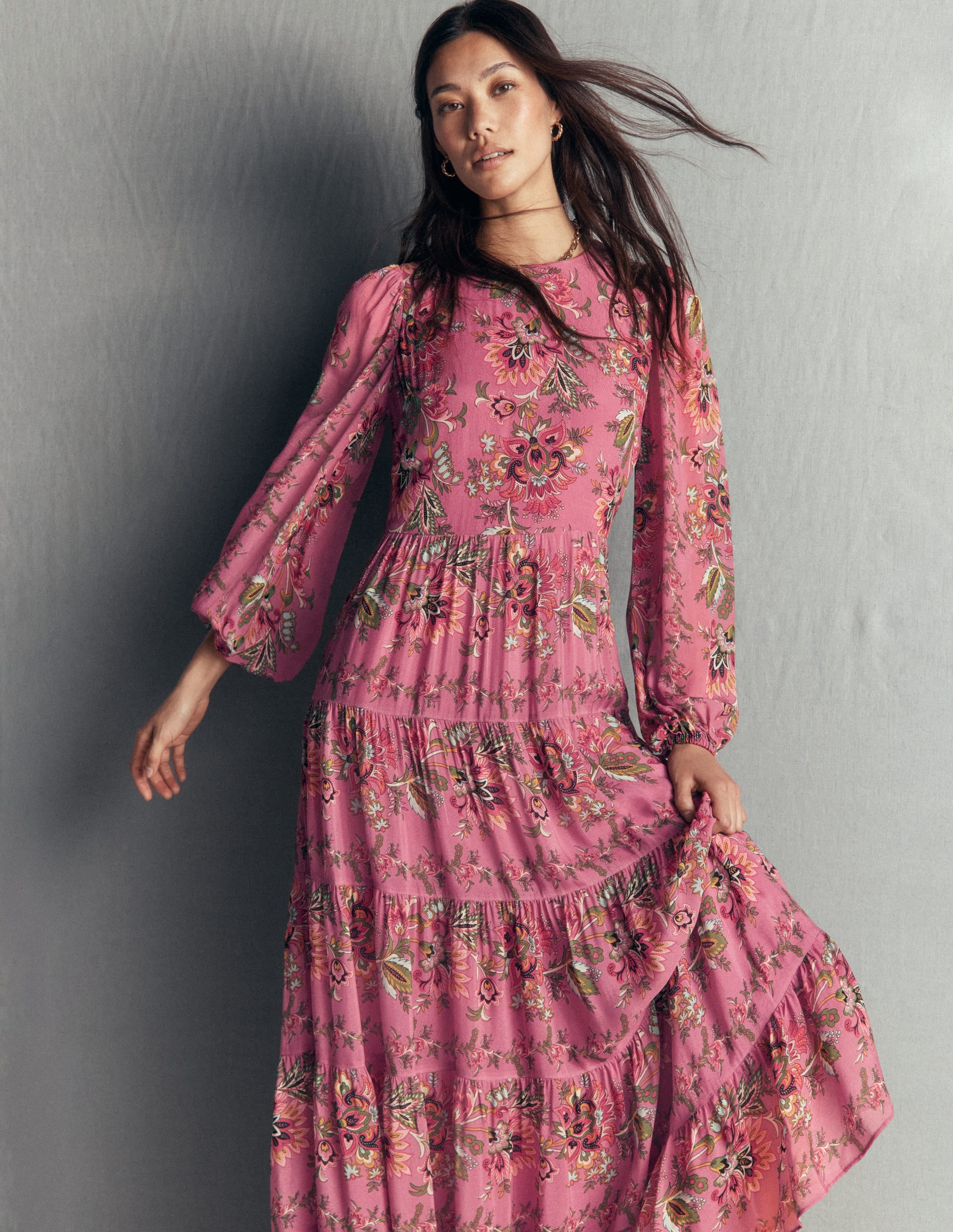 Buntes Maxikleid mit Stufen-Rosa Heidekraut, Gefrorenes Blumenmuster - Image 7