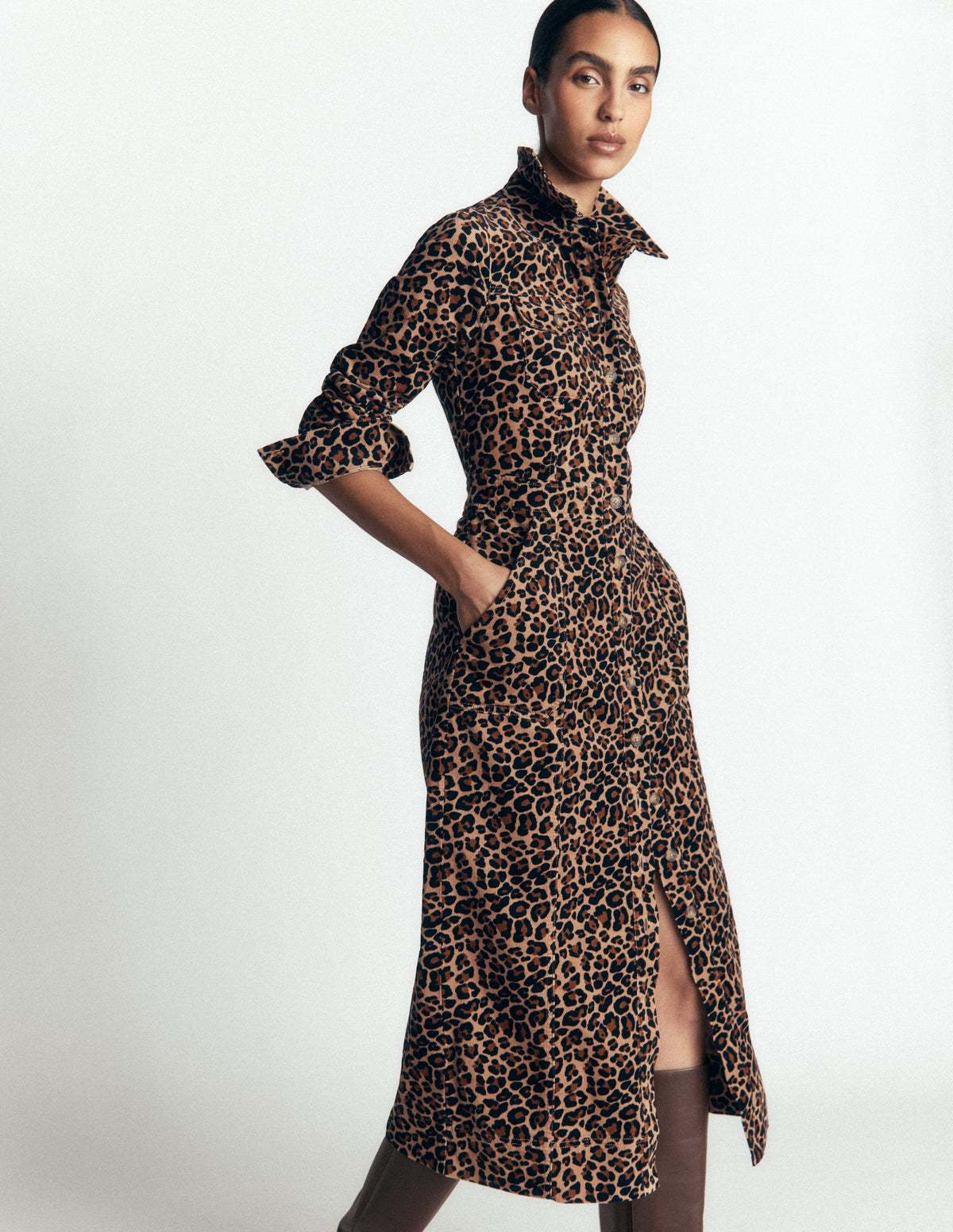 Fleur Cord-Midikleid-Braun, Leopardenmuster - Image 4