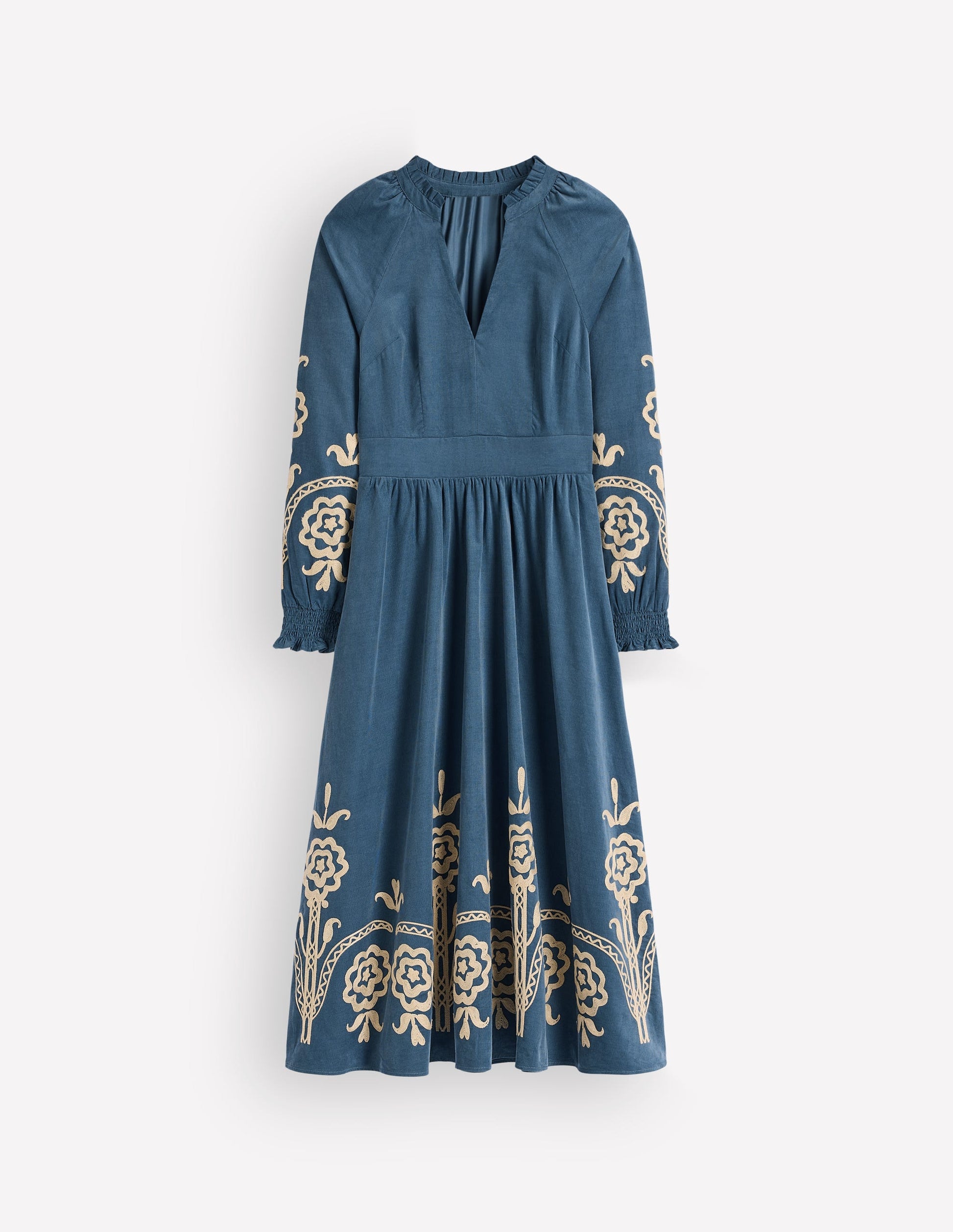 Gesmoktes Midikleid aus Cord-Sturmblau, Stickerei-7