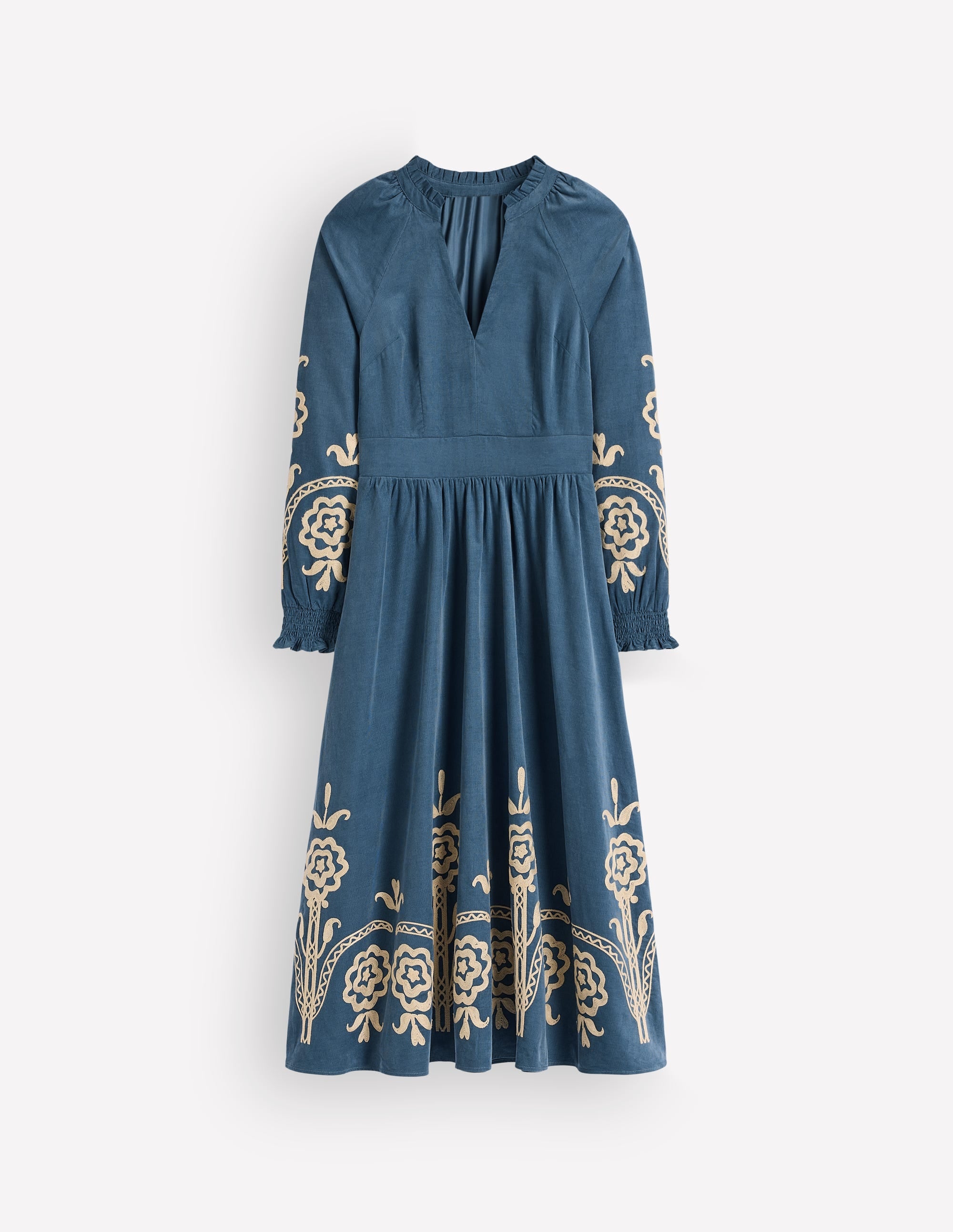 Gesmoktes Midikleid aus Cord-Sturmblau, Stickerei - Image 6