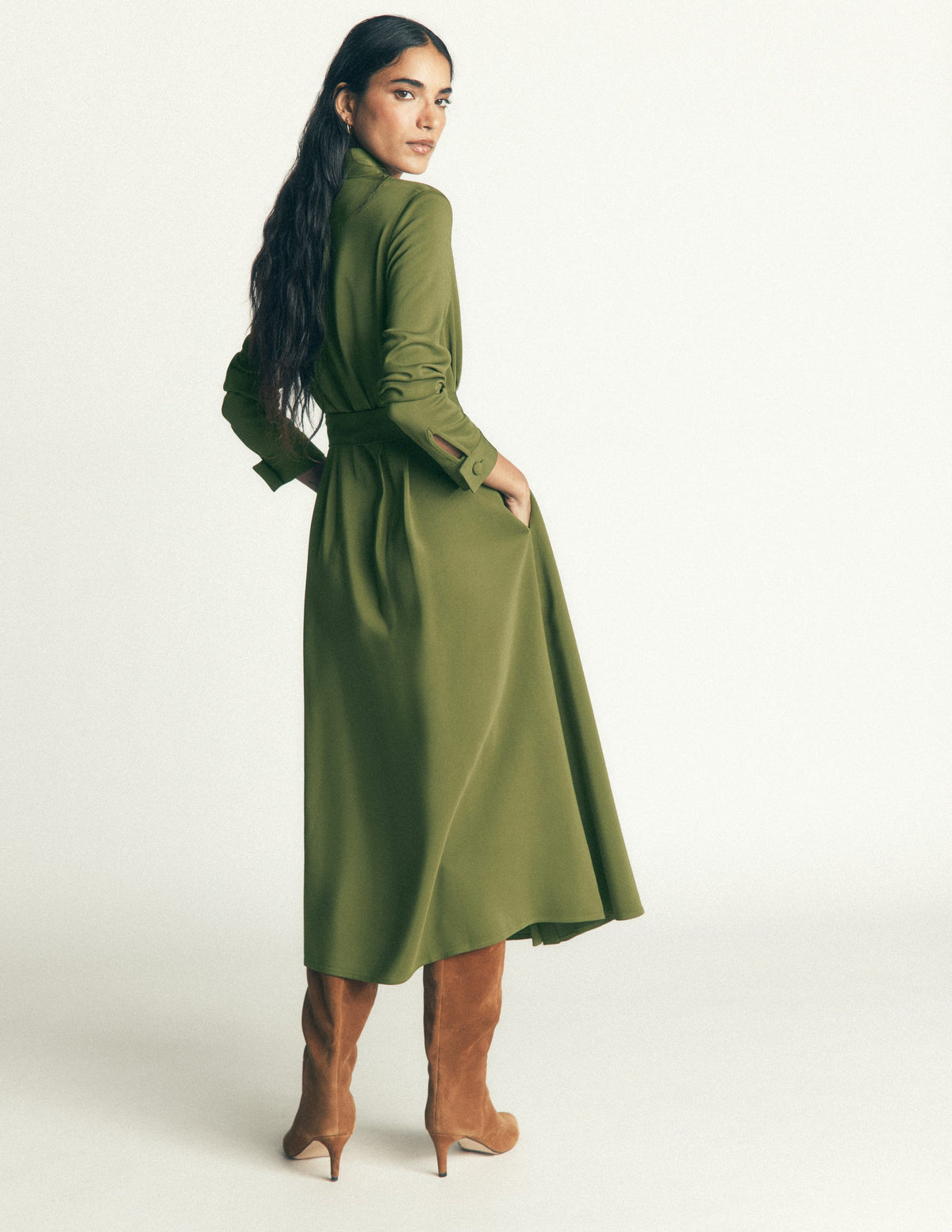 Kate Pleated Shirt Dress-Forest Green - Image 3