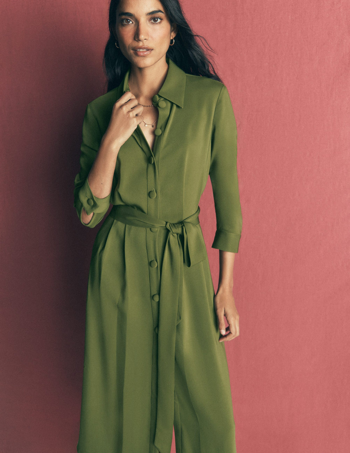 Kate Pleated Shirt Dress-Forest Green - Image 4