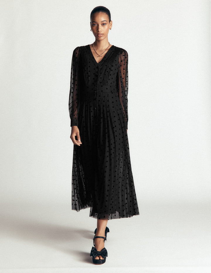 Midikleid aus Tüll mit Faltendetail-Schwarz