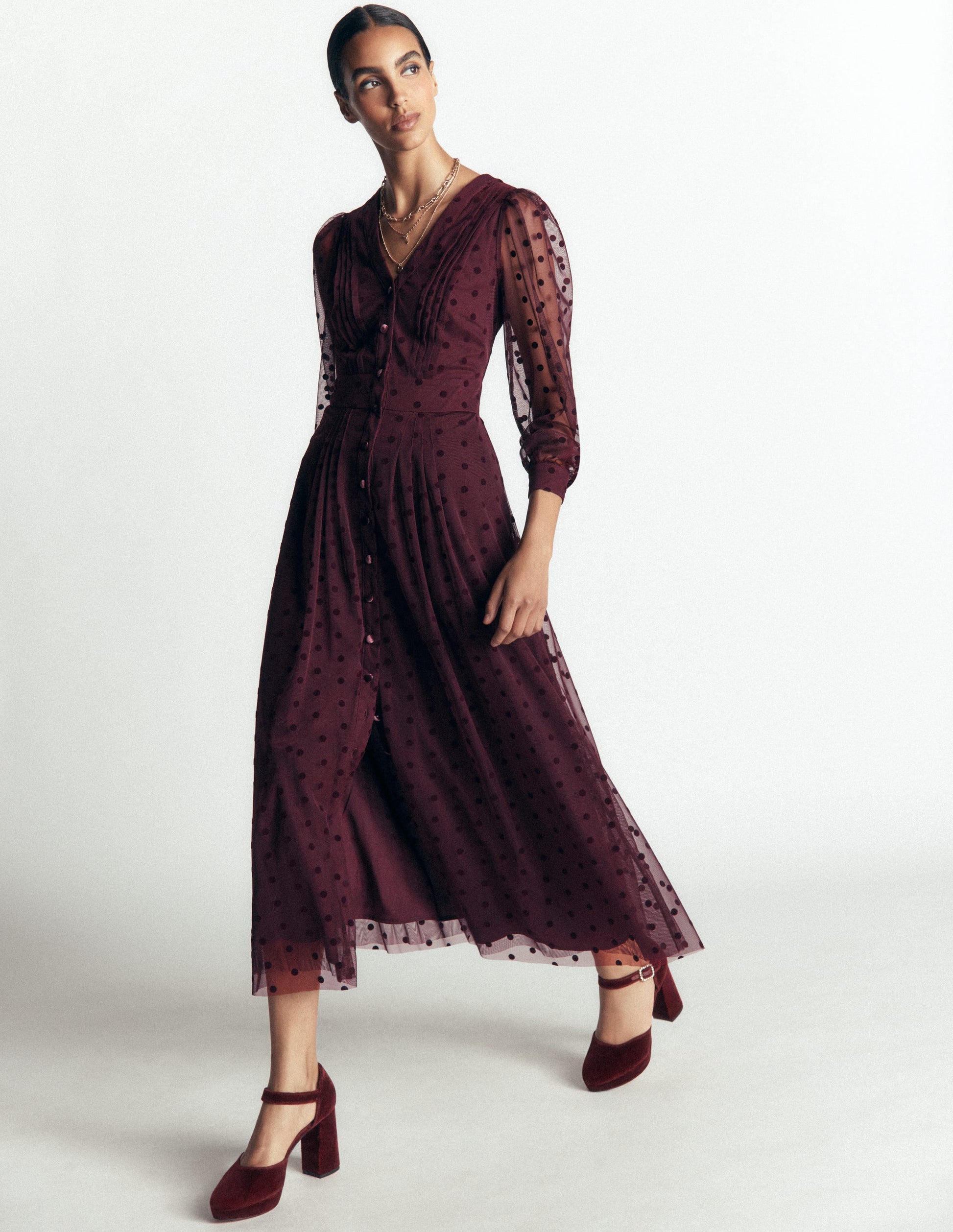 Pleated Tulle Midi Dress-Dark Cherry-3