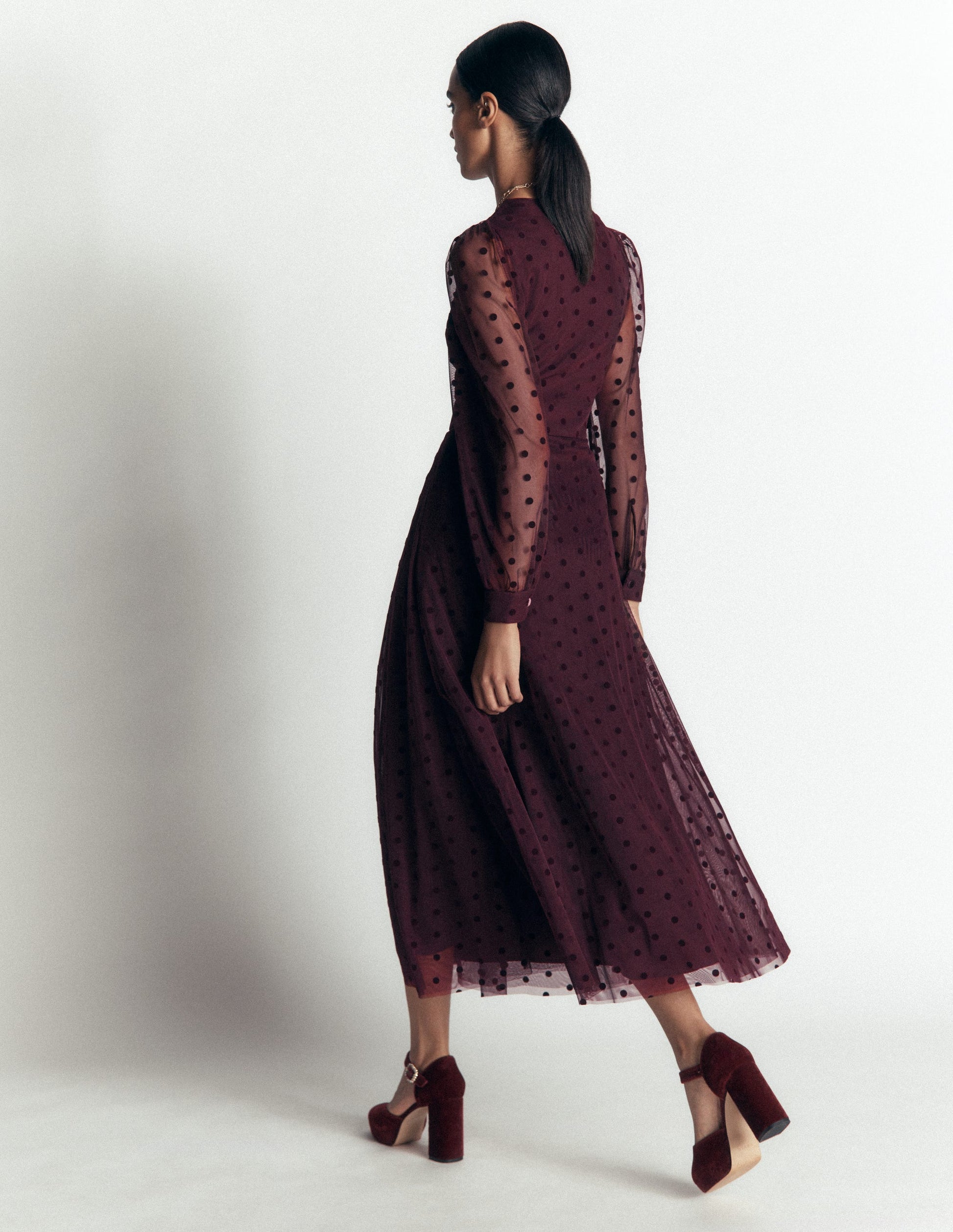 Pleated Tulle Midi Dress-Dark Cherry-5