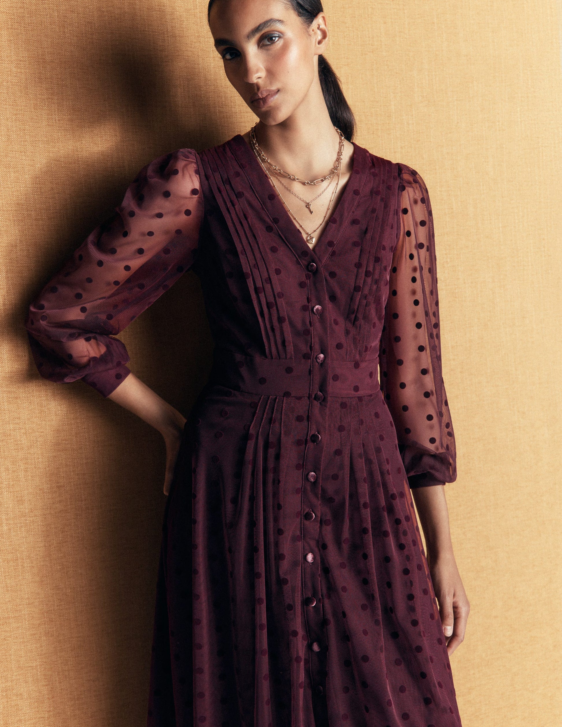 Pleated Tulle Midi Dress-Dark Cherry-6