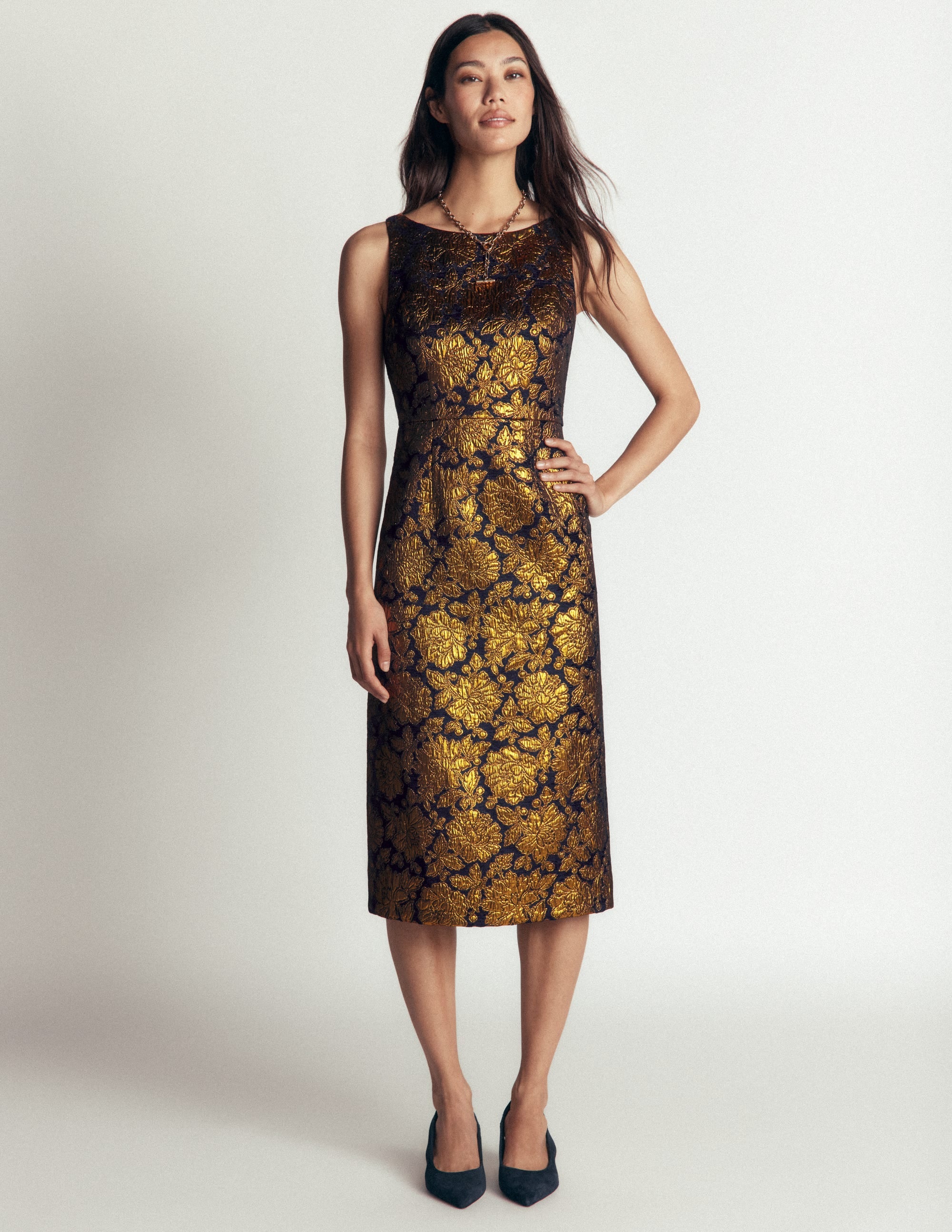 Jacquardkleid mit U-Boot-Ausschnitt-Gold Blumenmuster Jacquard - Image 2