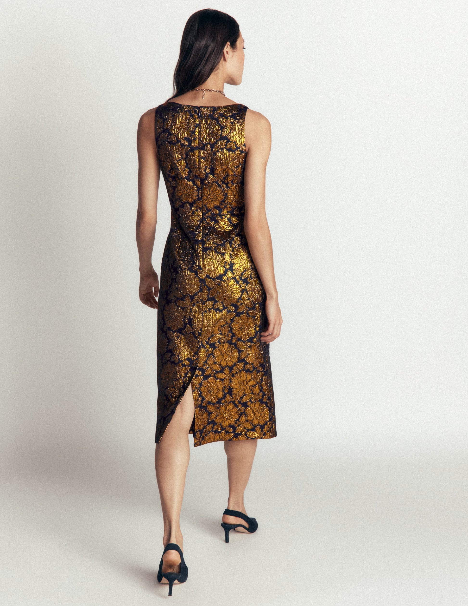 Jacquardkleid mit U-Boot-Ausschnitt-Gold Blumenmuster Jacquard-5