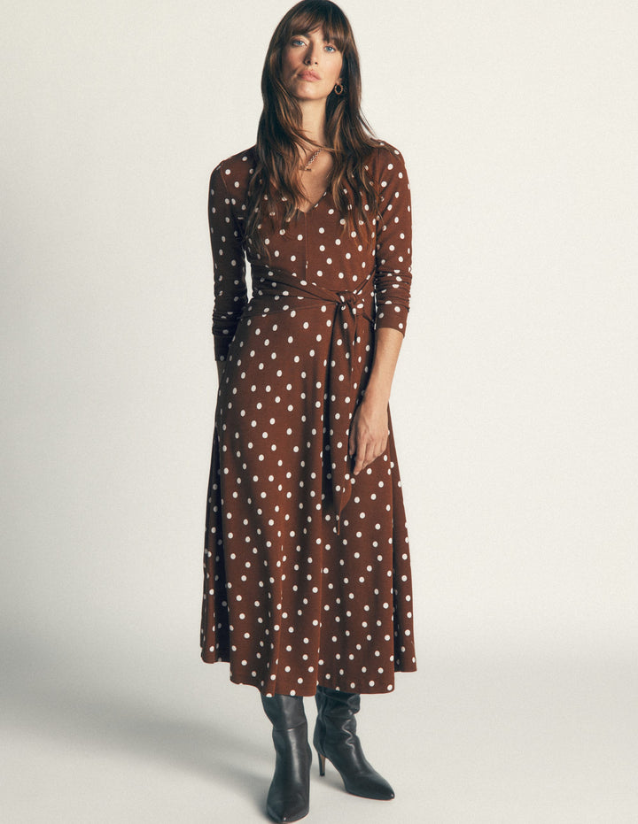 Tie Waist Ponte Dress-Raw Umber, Painted Dot