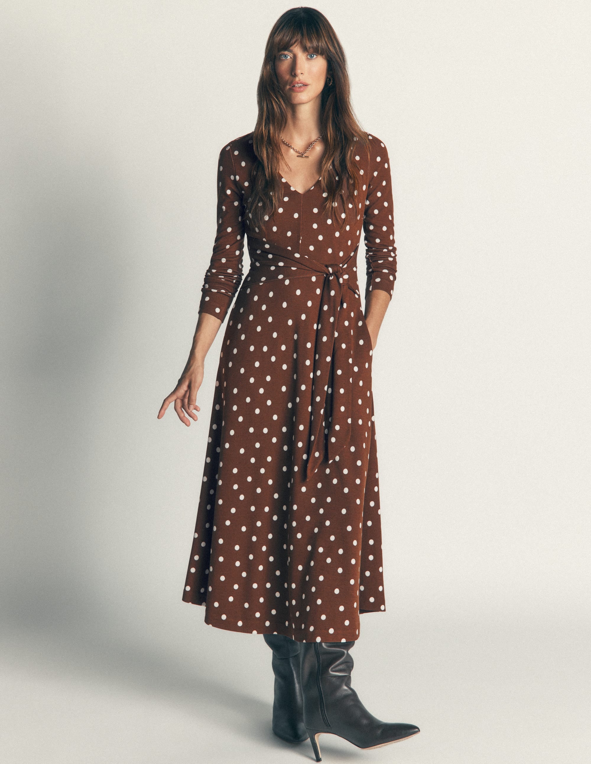 Ponte-Kleid mit Bindegürtel-Umbra, Gemalte Tupfen - Image 4