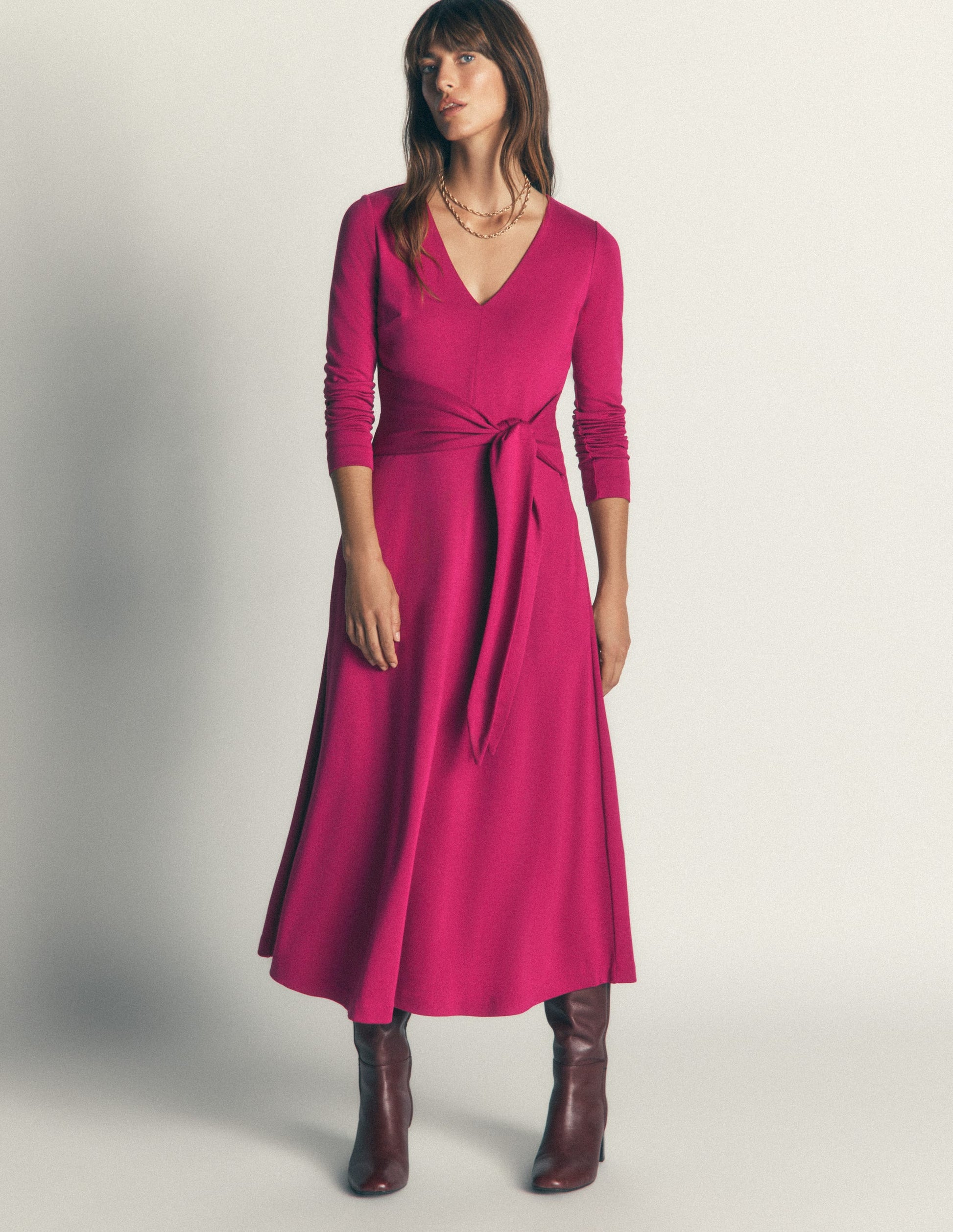 Ponte-Kleid mit Bindegürtel-Rote Beete-1