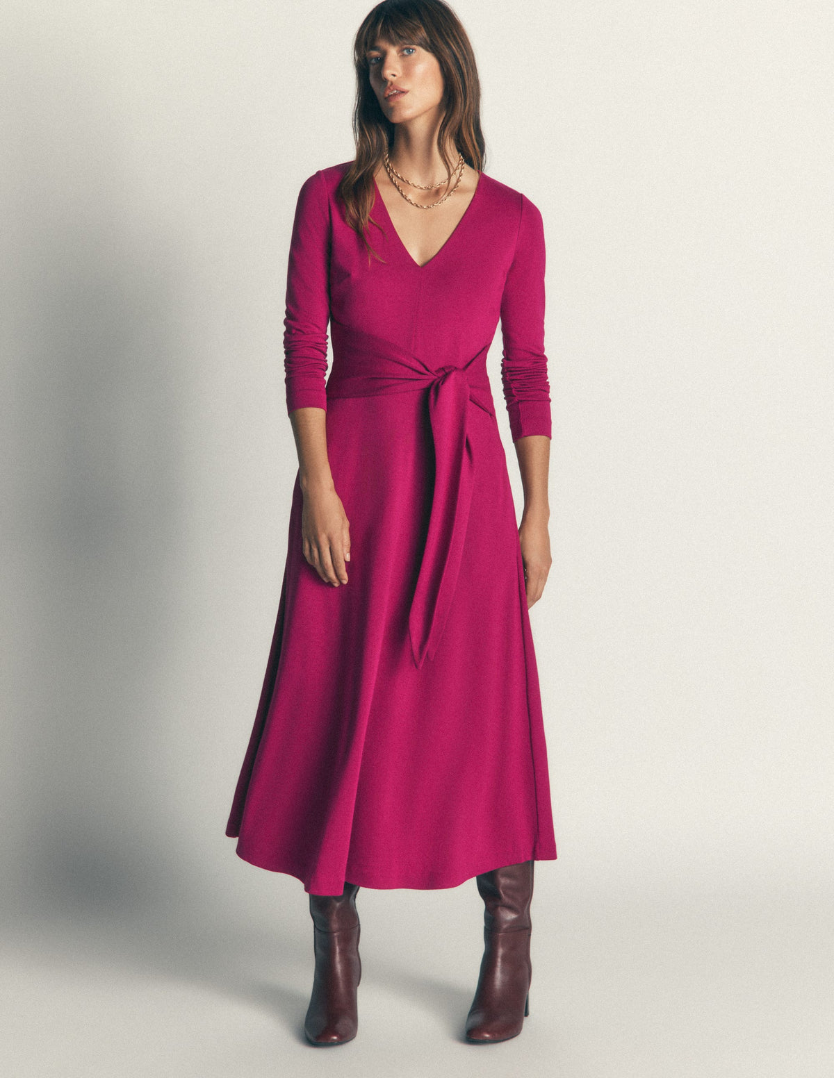 Ponte-Kleid mit Bindegürtel-Rote Beete - Image 1