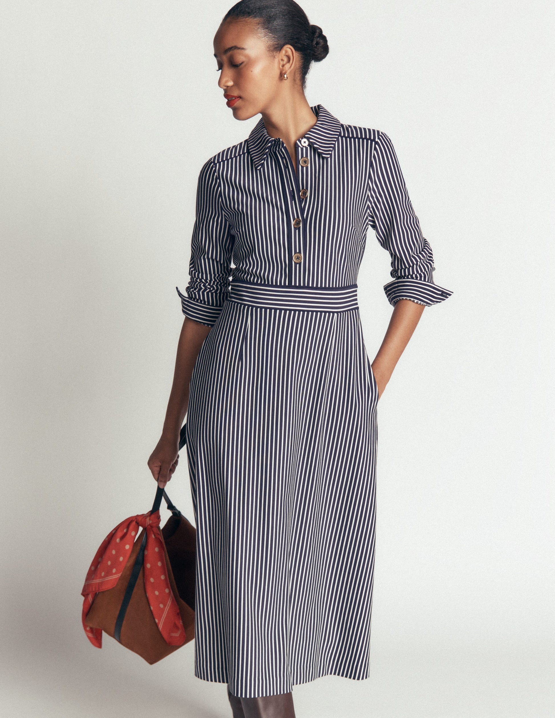Etta Ponte-Kleid mit Paspelierung-Marineblau, Naturweiß Gestreift-4