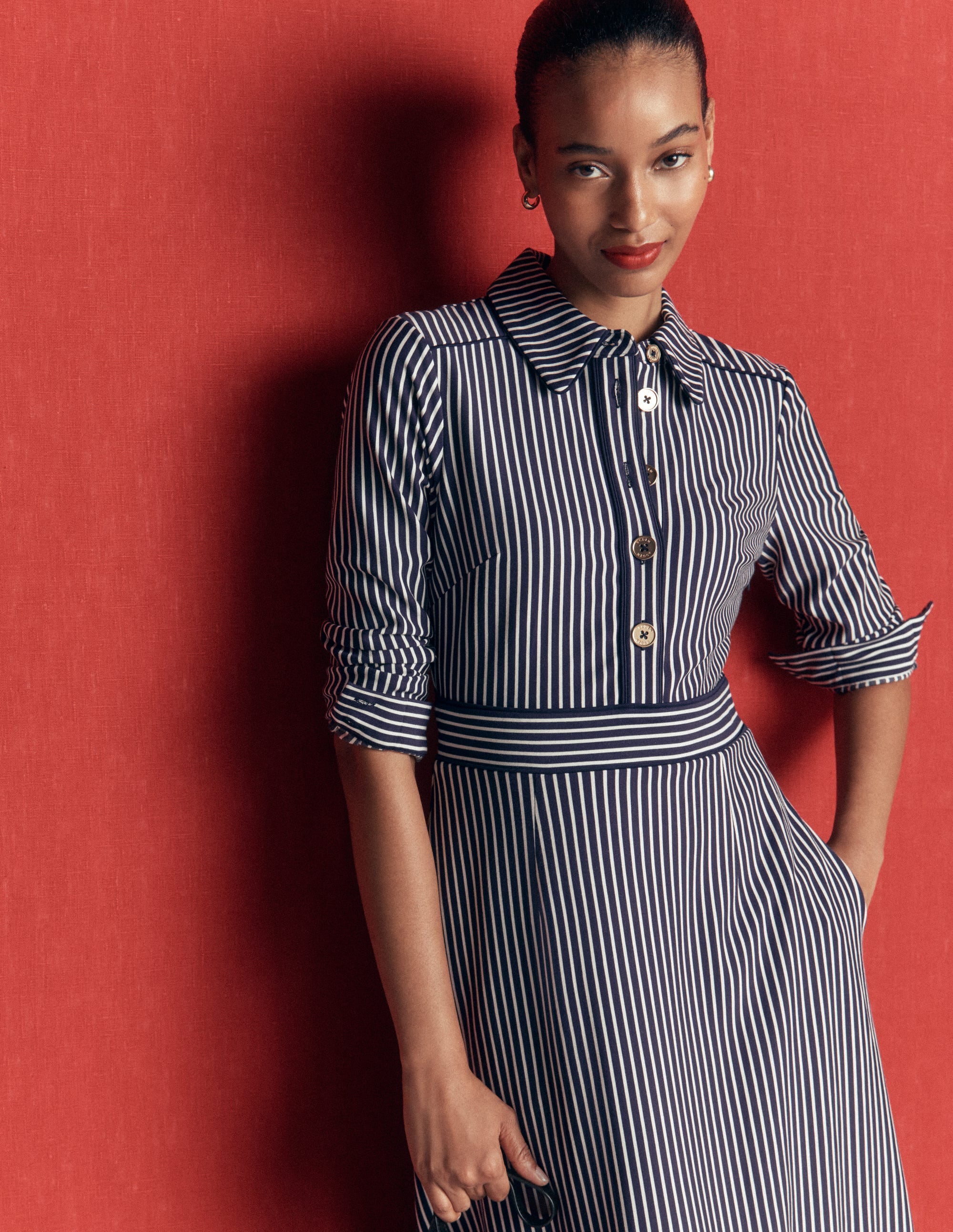 Etta Ponte-Kleid mit Paspelierung-Marineblau, Naturweiß Gestreift - Image 5