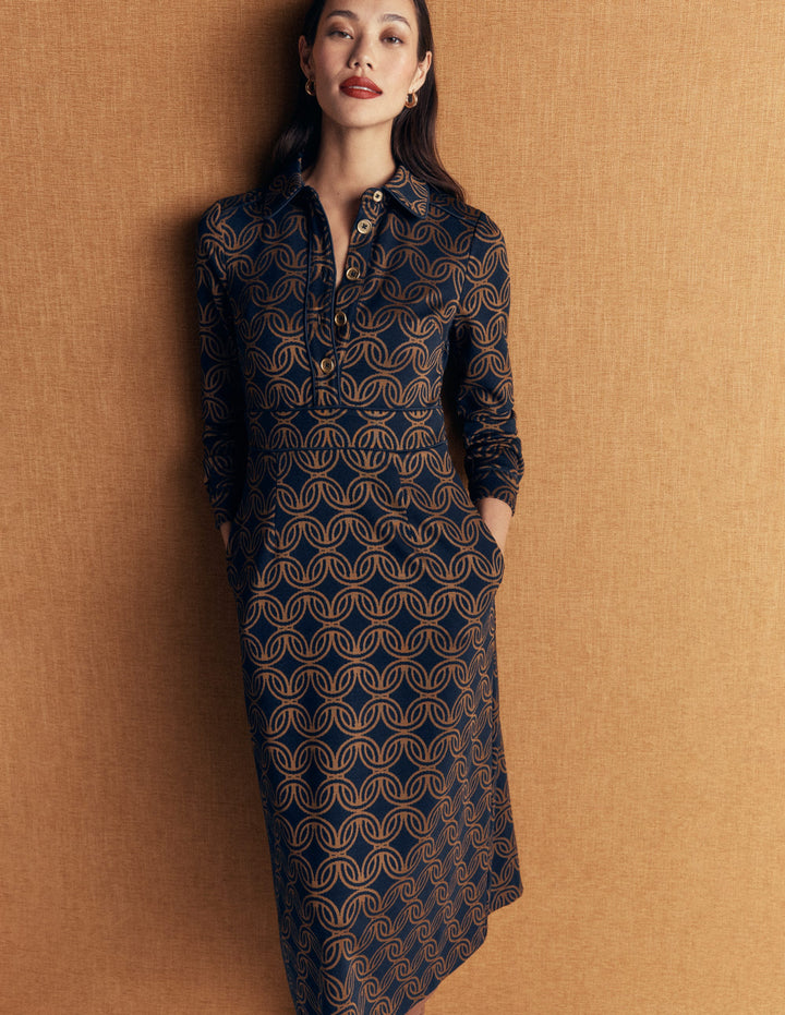 Etta Ponte-Kleid mit Paspelierung-Marineblau, Geo-Parade Monochrom