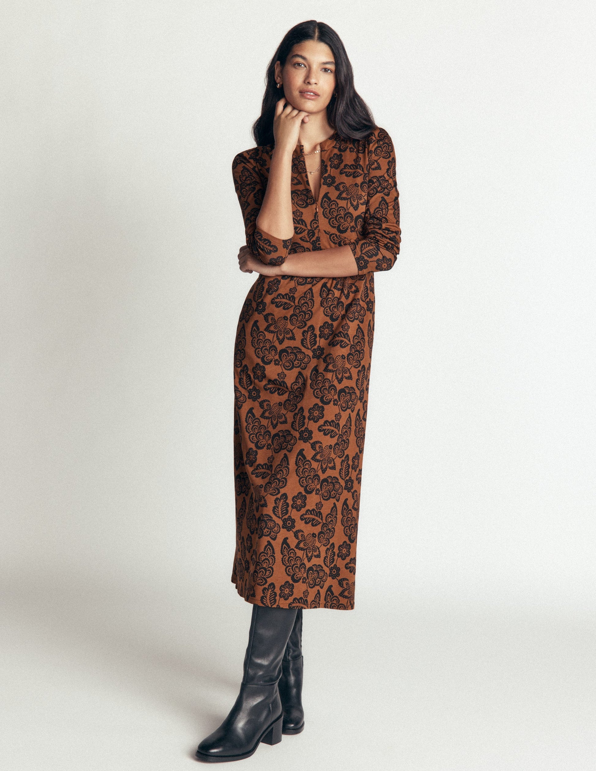 Hope Zip Detail Jersey Dress-Russet, Tickled Meadows-1