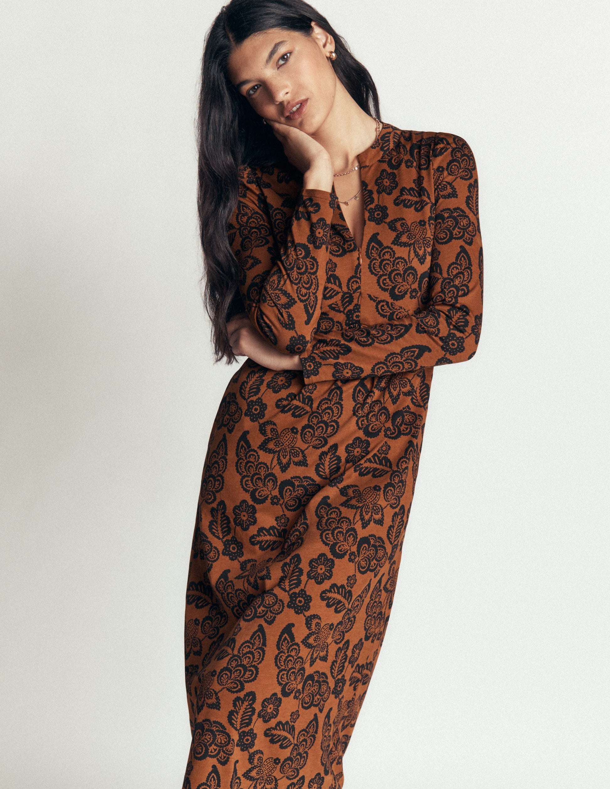 Hope Zip Detail Jersey Dress-Russet, Tickled Meadows-5