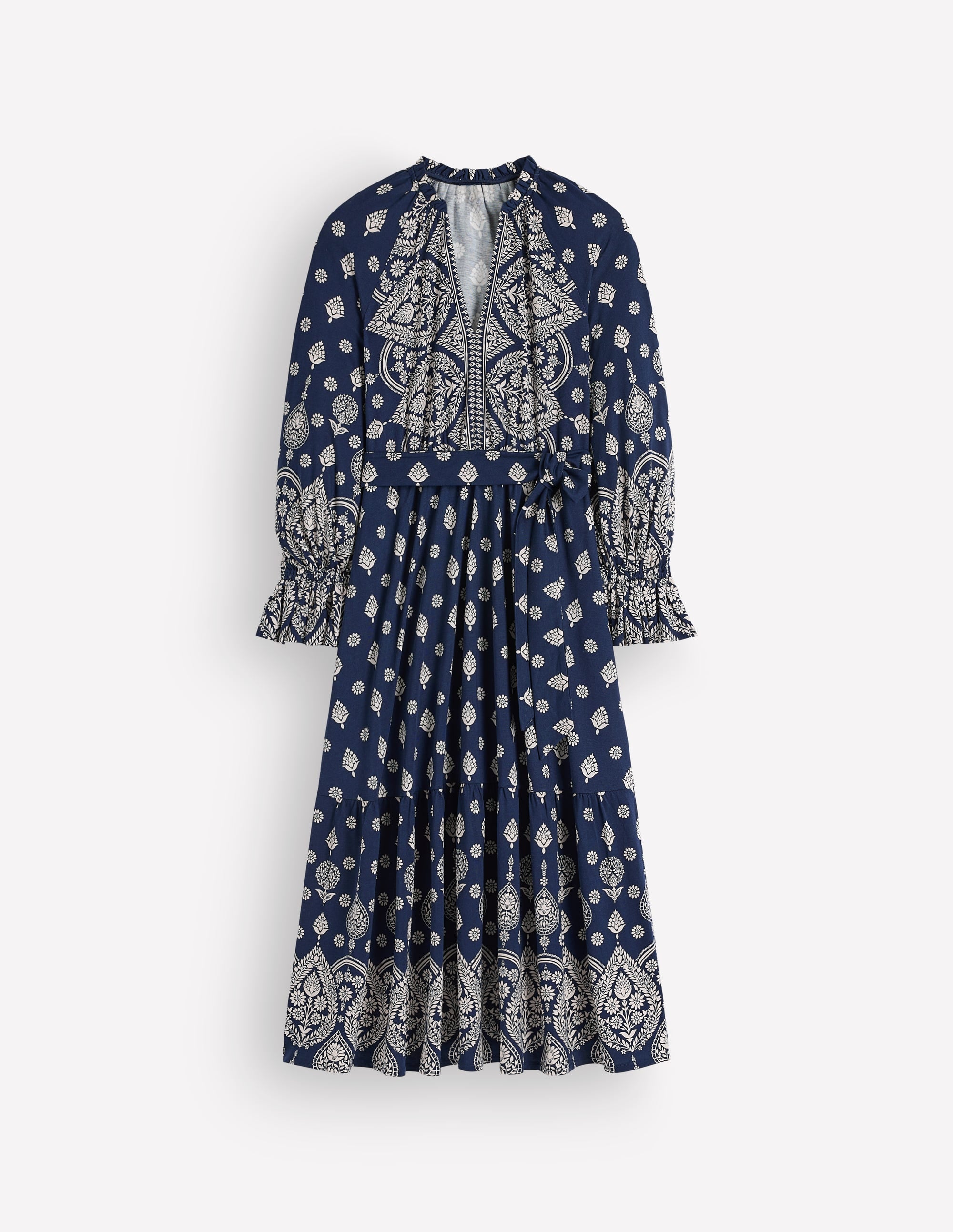 Blouson Tiered Jersey Dress-French Navy, Ornate Gardenia - Image 7