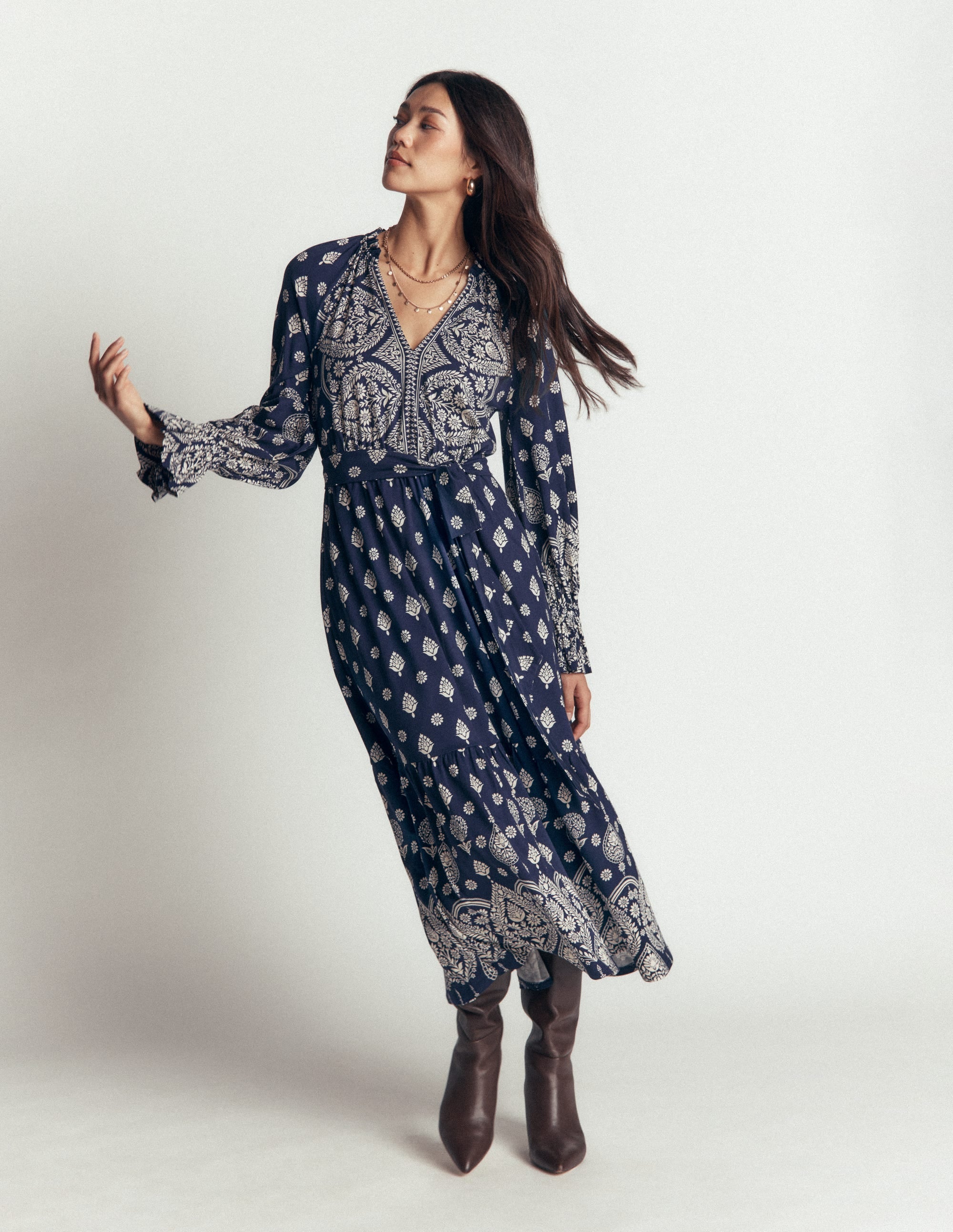 Blouson Tiered Jersey Dress-French Navy, Ornate Gardenia - Image 2