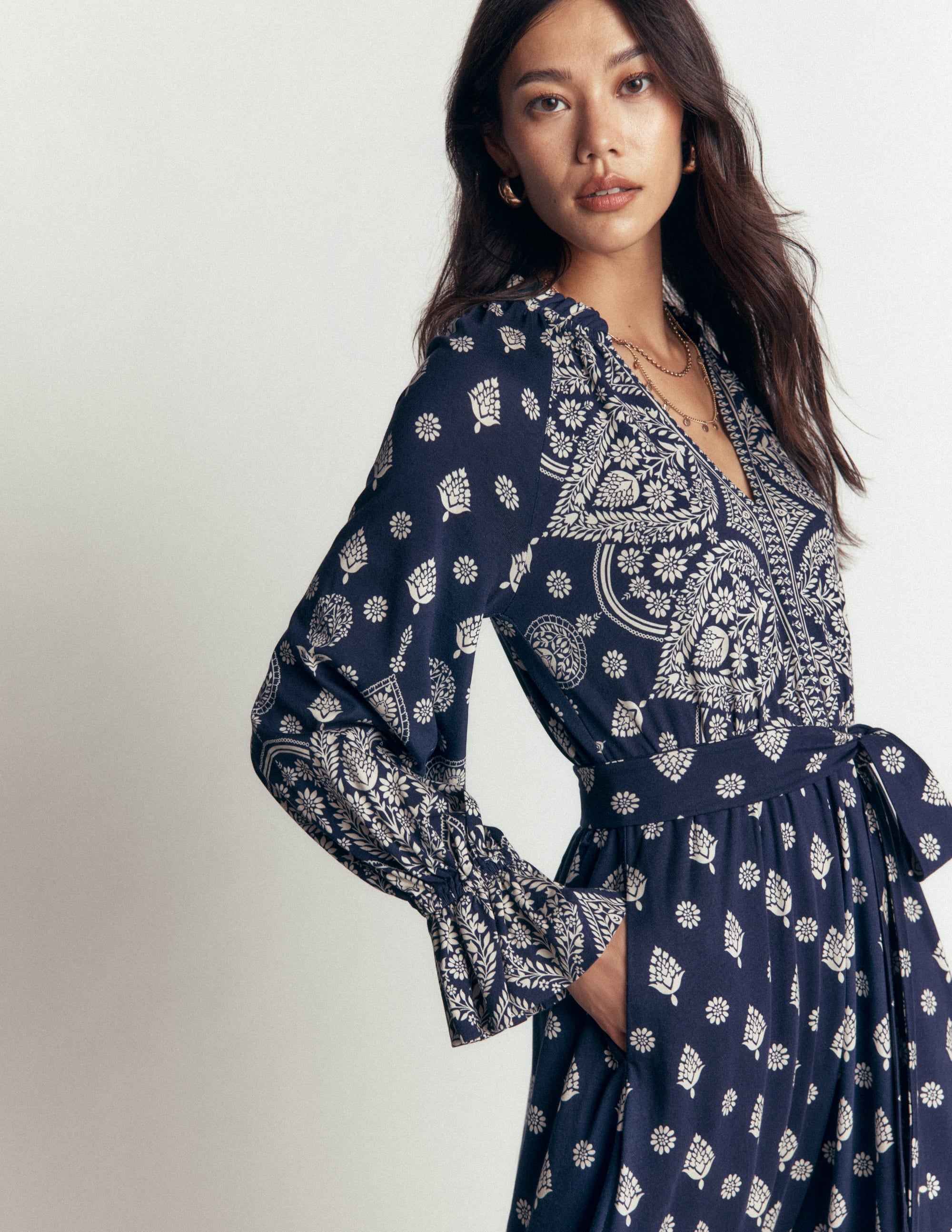 Blouson Tiered Jersey Dress-French Navy, Ornate Gardenia - Image 3