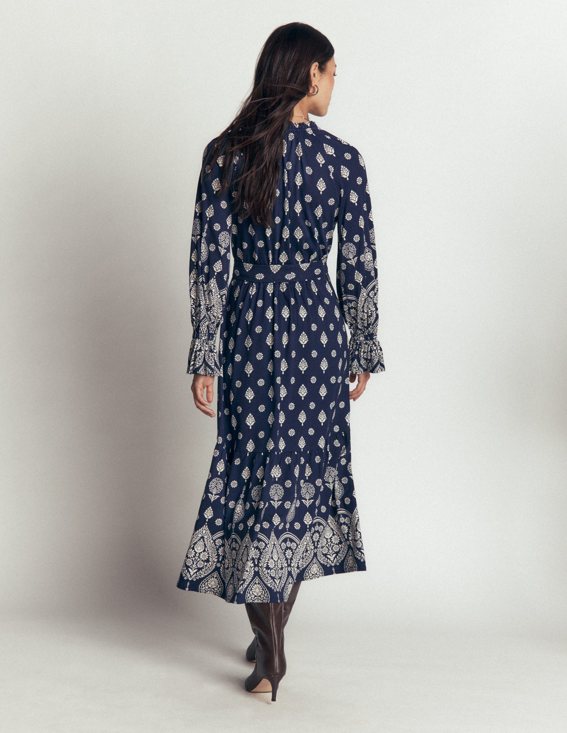 Blouson Tiered Jersey Dress-French Navy, Ornate Gardenia-4