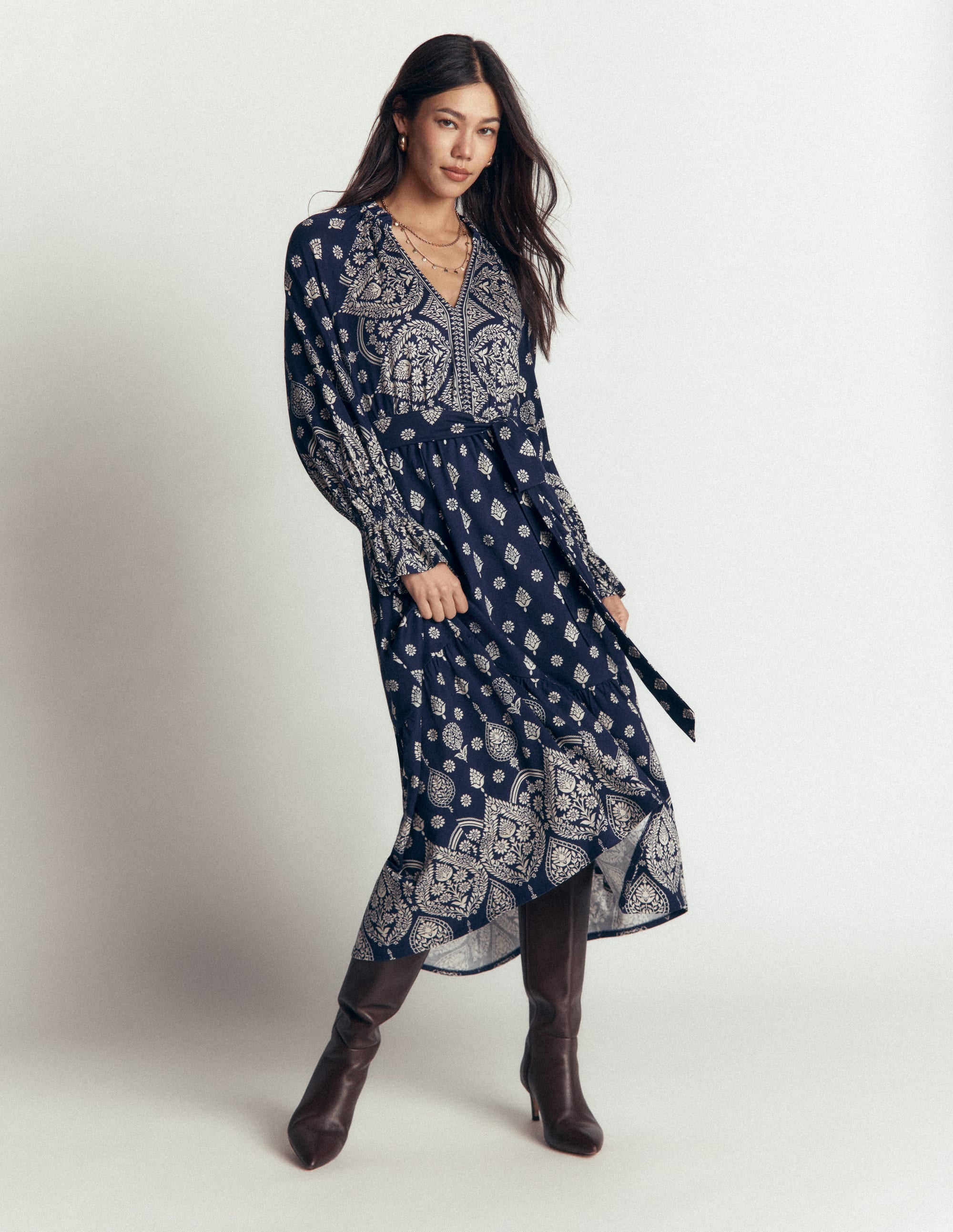Blouson Tiered Jersey Dress-French Navy, Ornate Gardenia - Image 5
