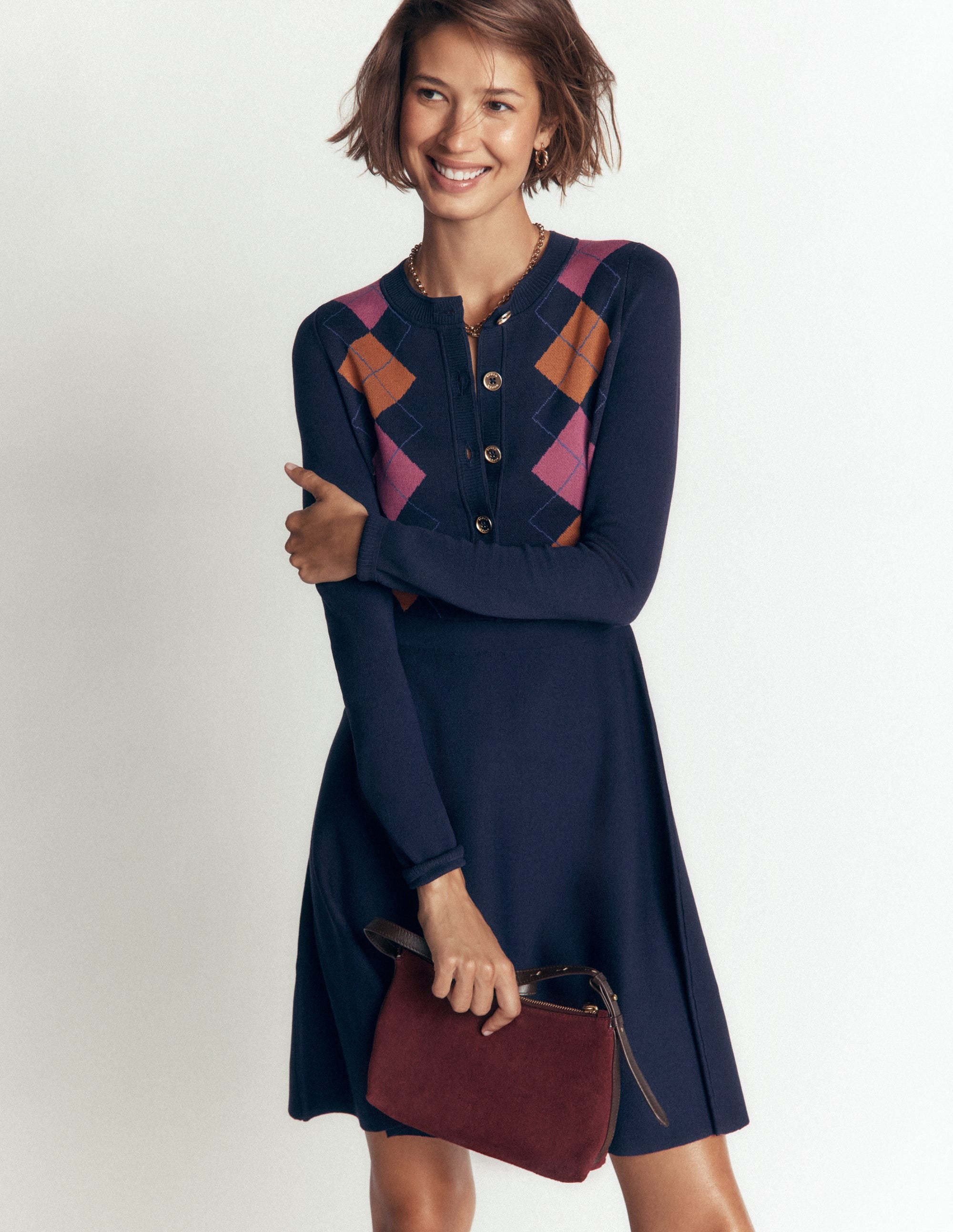 Jacquardkleid mit Rundhalsausschnitt-Navy, Jacquardmuster - Image 2