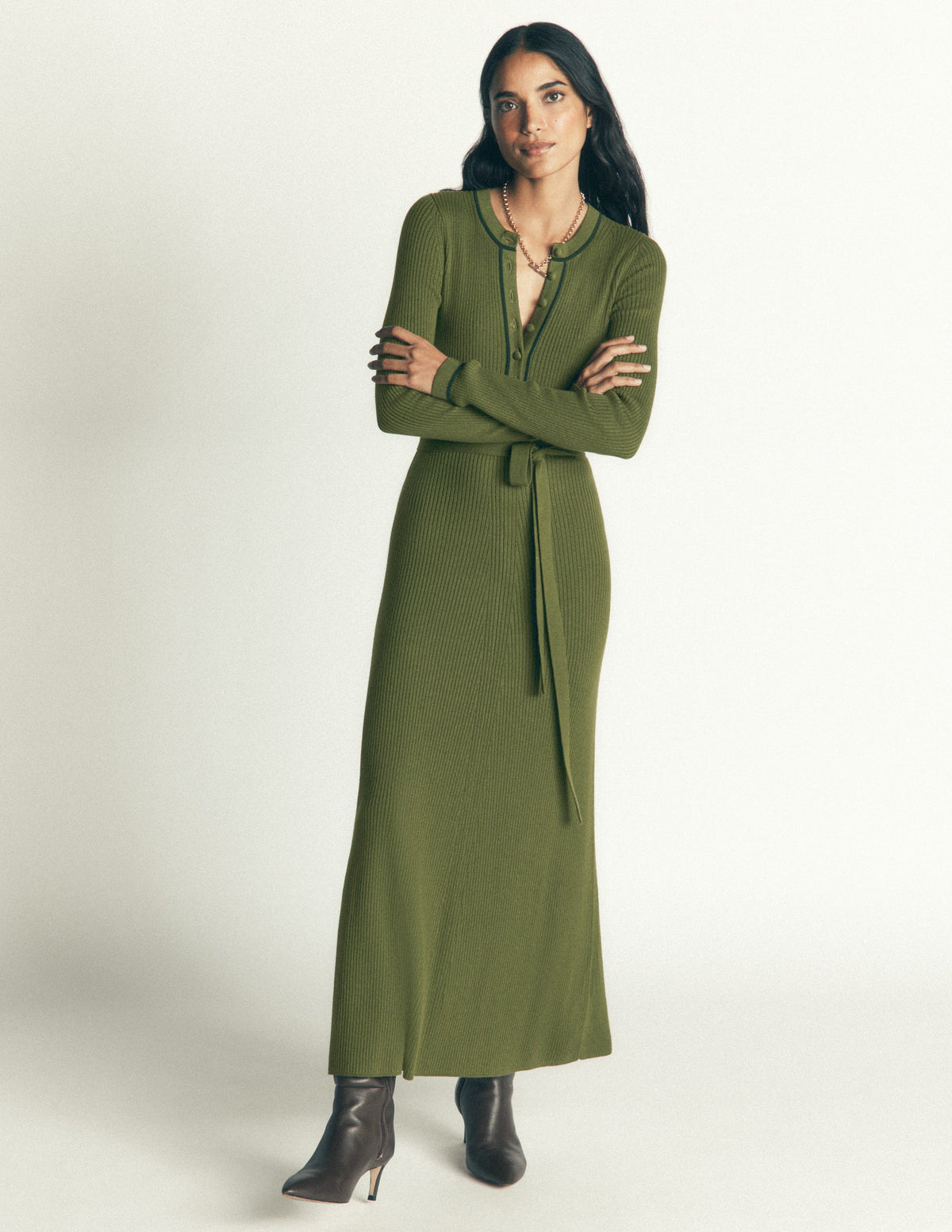 Paula Geripptes Kleid mit Rundhalsausschnitt-Braunschweigisches Grün, Abendblau-2