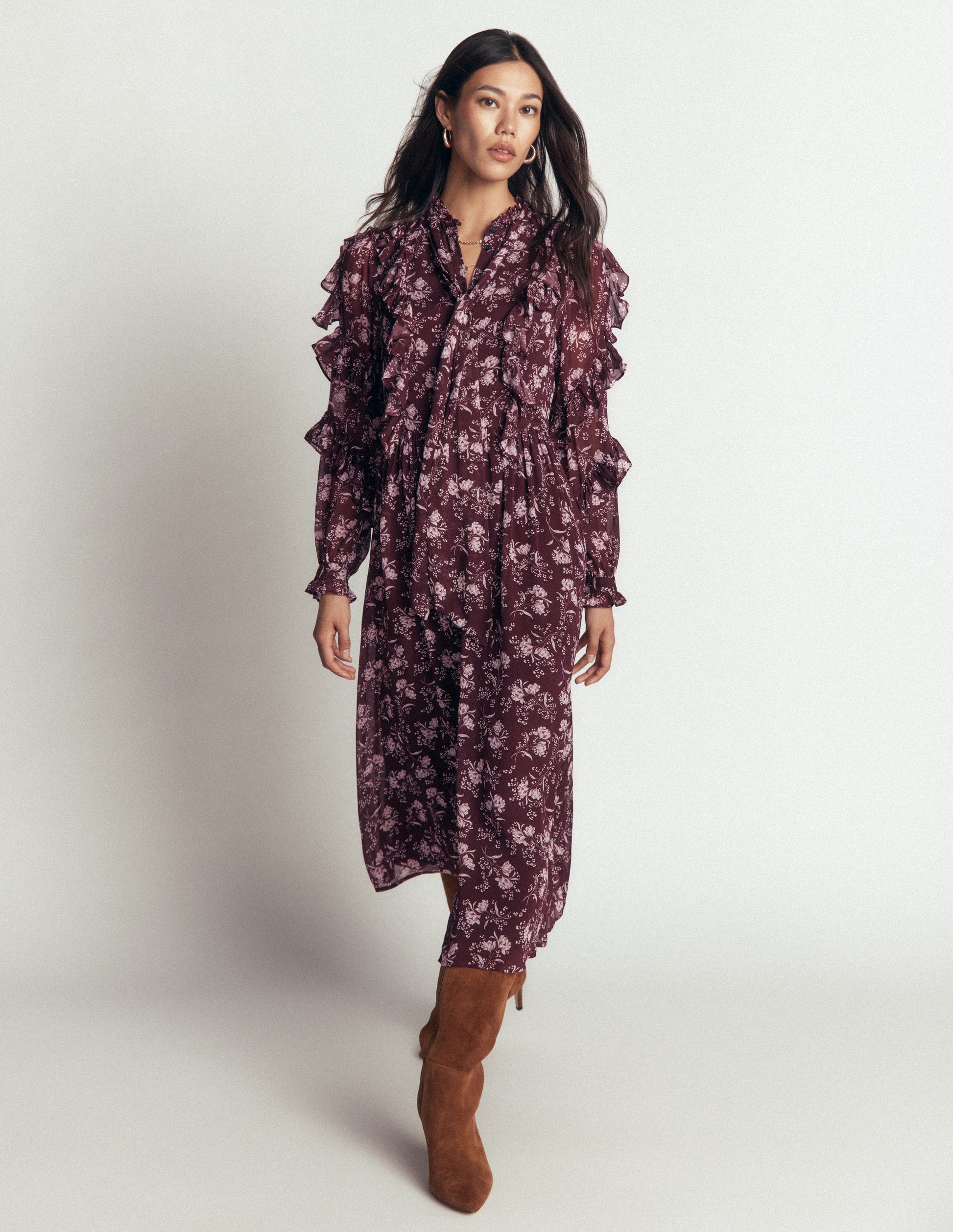 Rüschenkleid mit Bindeband-Braun, Verzauberte Zweige-6