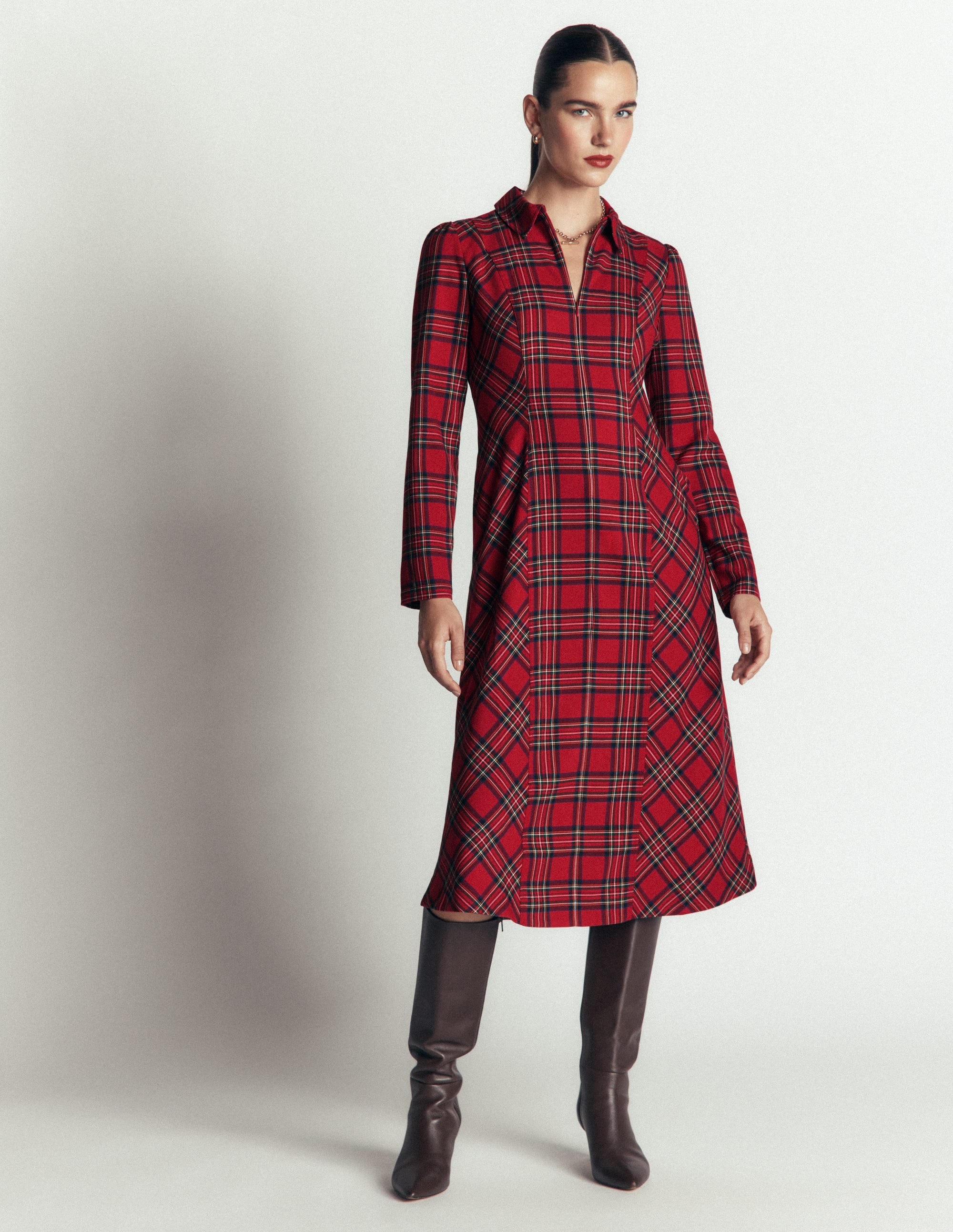 Una Kariertes Midikleid mit Kragen-Rot, Blau und Grün Kariert - Image 5