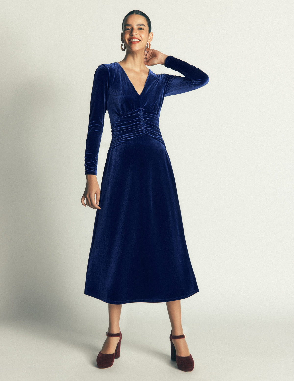 Robe midi Mya en velours froncé-Bleu saphir-4