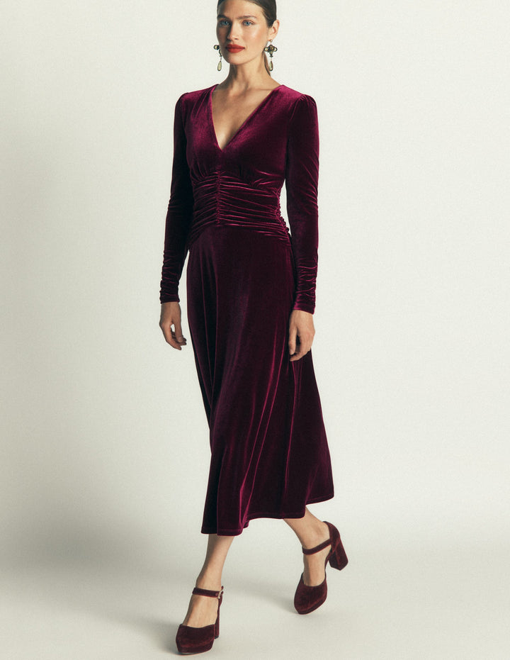 Robe midi Mya en velours froncé-Rouge betterave