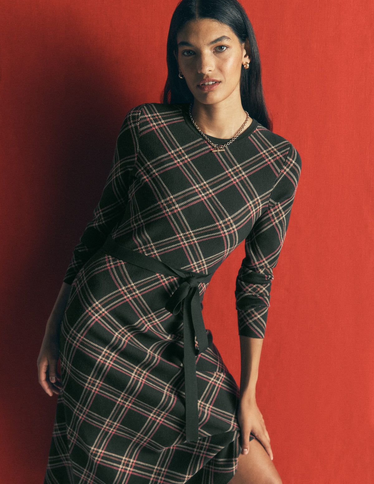 Robe midi à col rond en jacquard-Carreaux Vert - Image 2