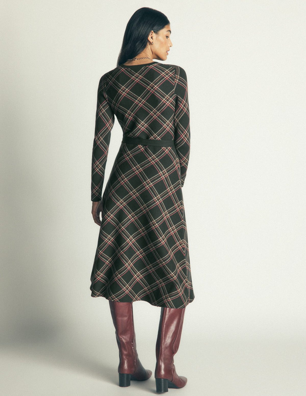 Robe midi à col rond en jacquard-Carreaux Vert - Image 4