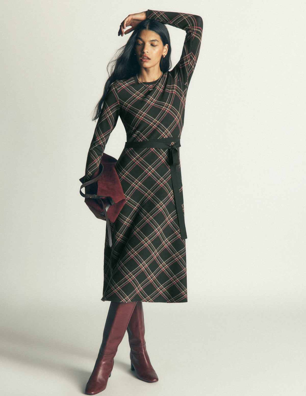 Robe midi à col rond en jacquard-Carreaux Vert - Image 5