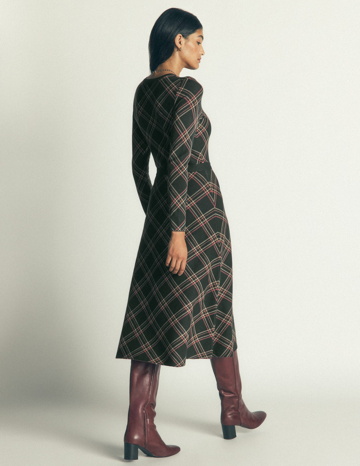 Robe midi à col rond en jacquard-Carreaux Vert-6