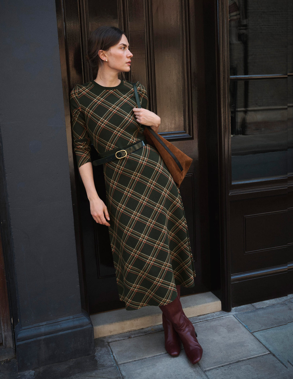 Robe midi à col rond en jacquard-Carreaux Vert - Image 1