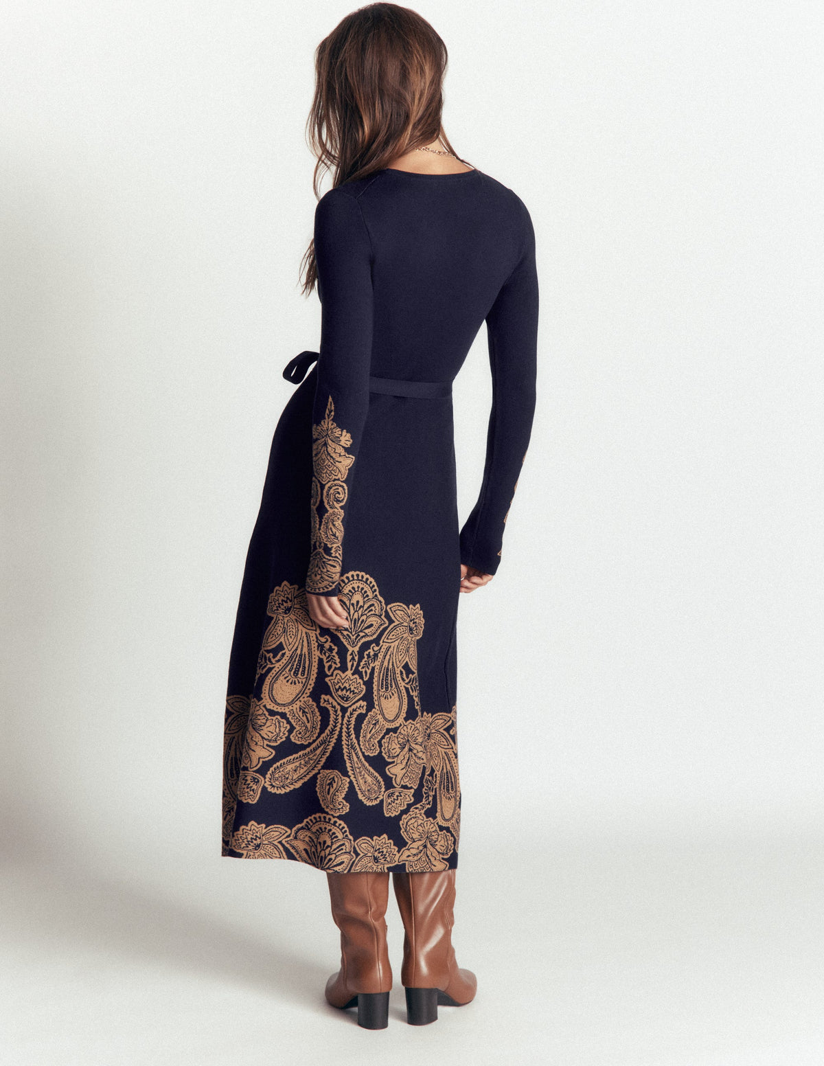 Midi-Jacquardkleid mit Rundhalsausschnitt-Marineblau Motivdruck - Image 3