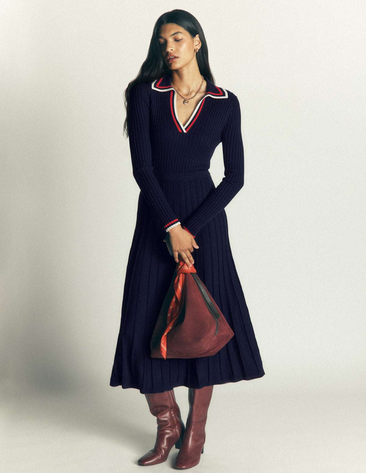 Robe à col tunisien en maille côtelée-Bleu marine - Image 4