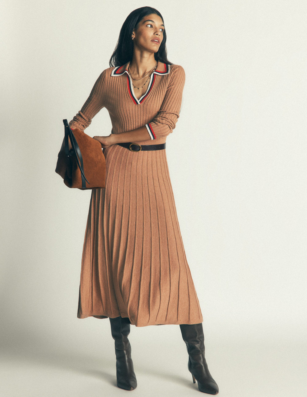 Geripptes Henley-Strickkleid-Camel Meliert - Image 4