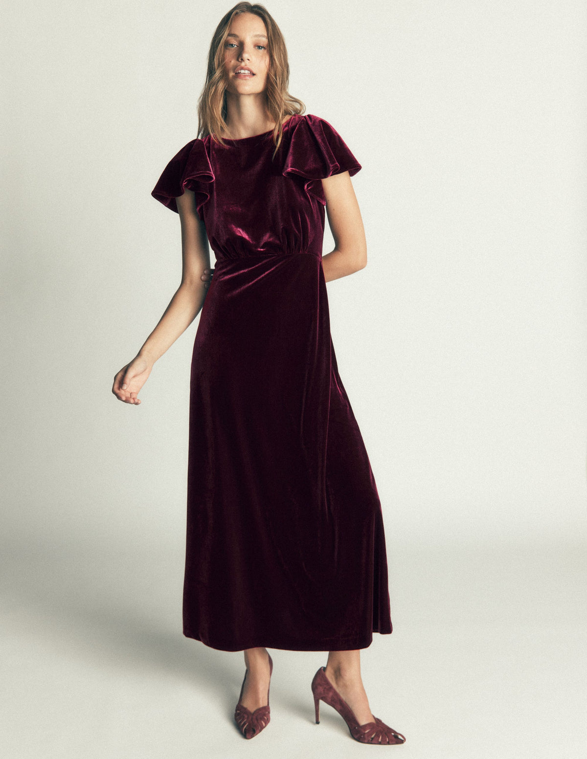 Samtkleid mit drapierten Ärmeln-Dunkle Kirsche - Image 1