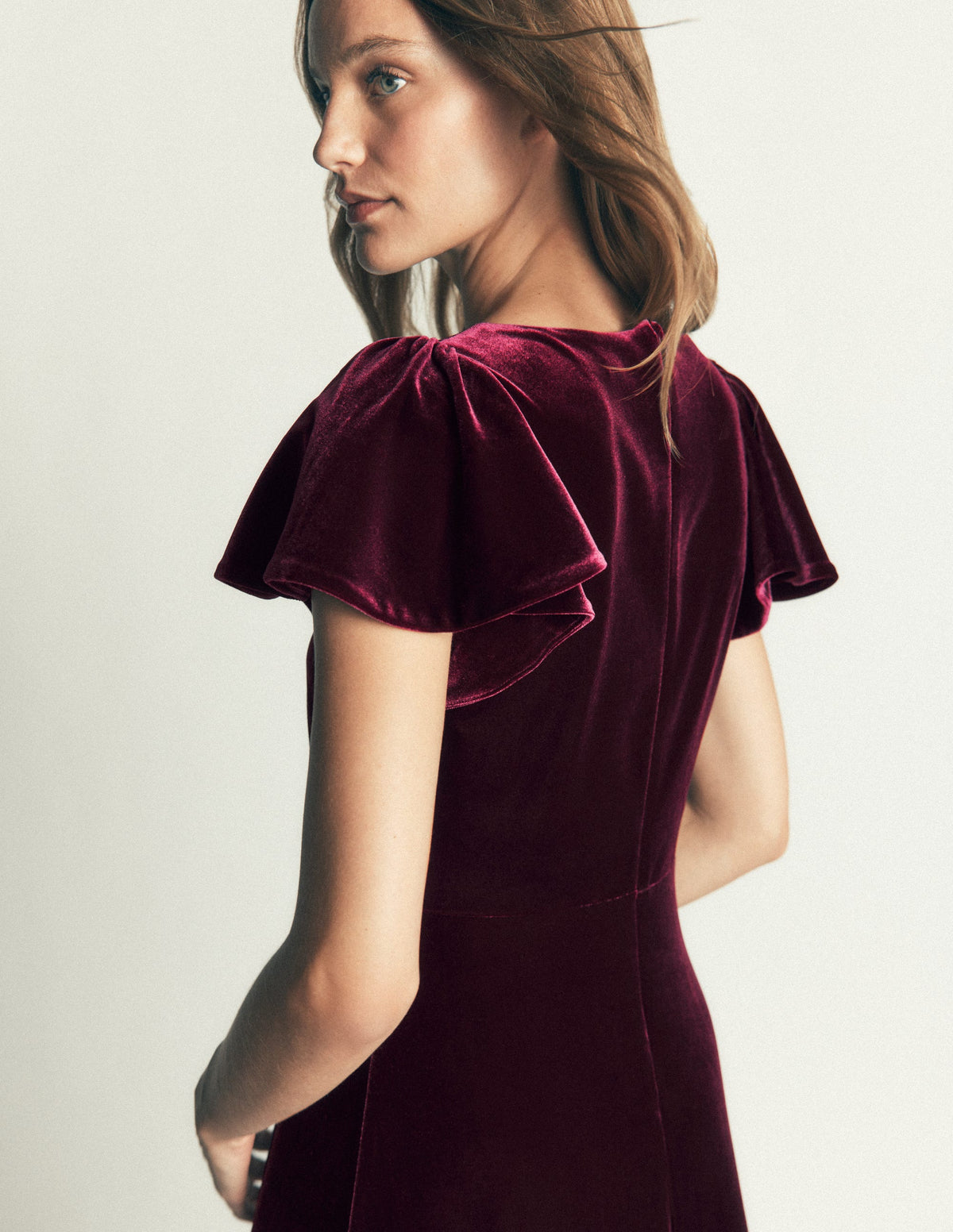 Samtkleid mit drapierten Ärmeln-Dunkle Kirsche-2