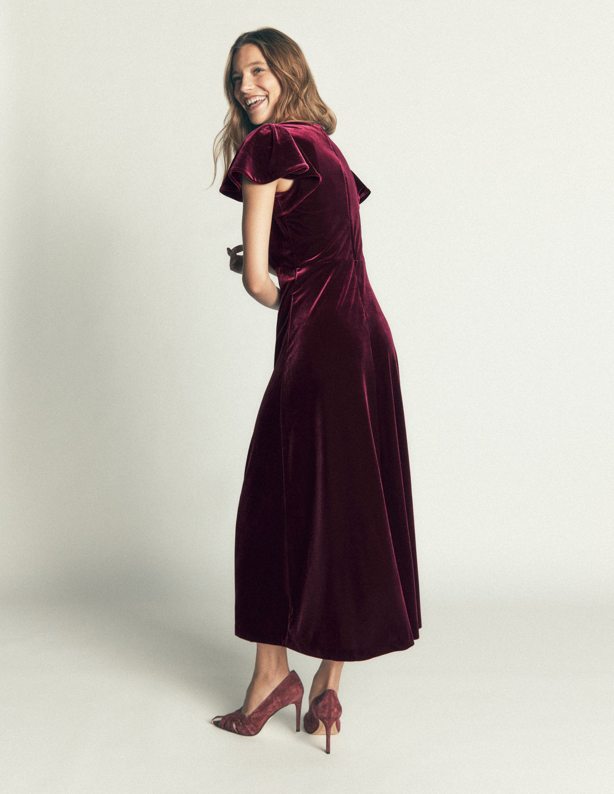 Samtkleid mit drapierten Ärmeln-Dunkle Kirsche - Image 3