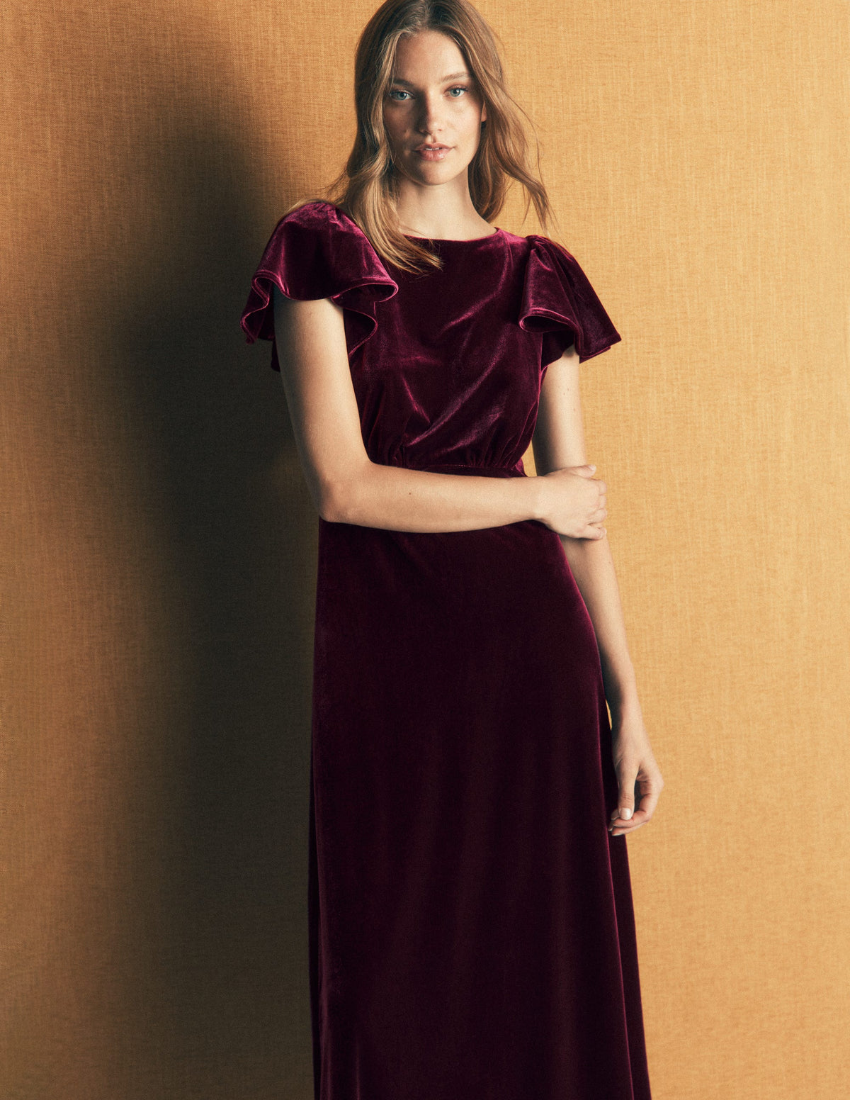 Samtkleid mit drapierten Ärmeln-Dunkle Kirsche - Image 4