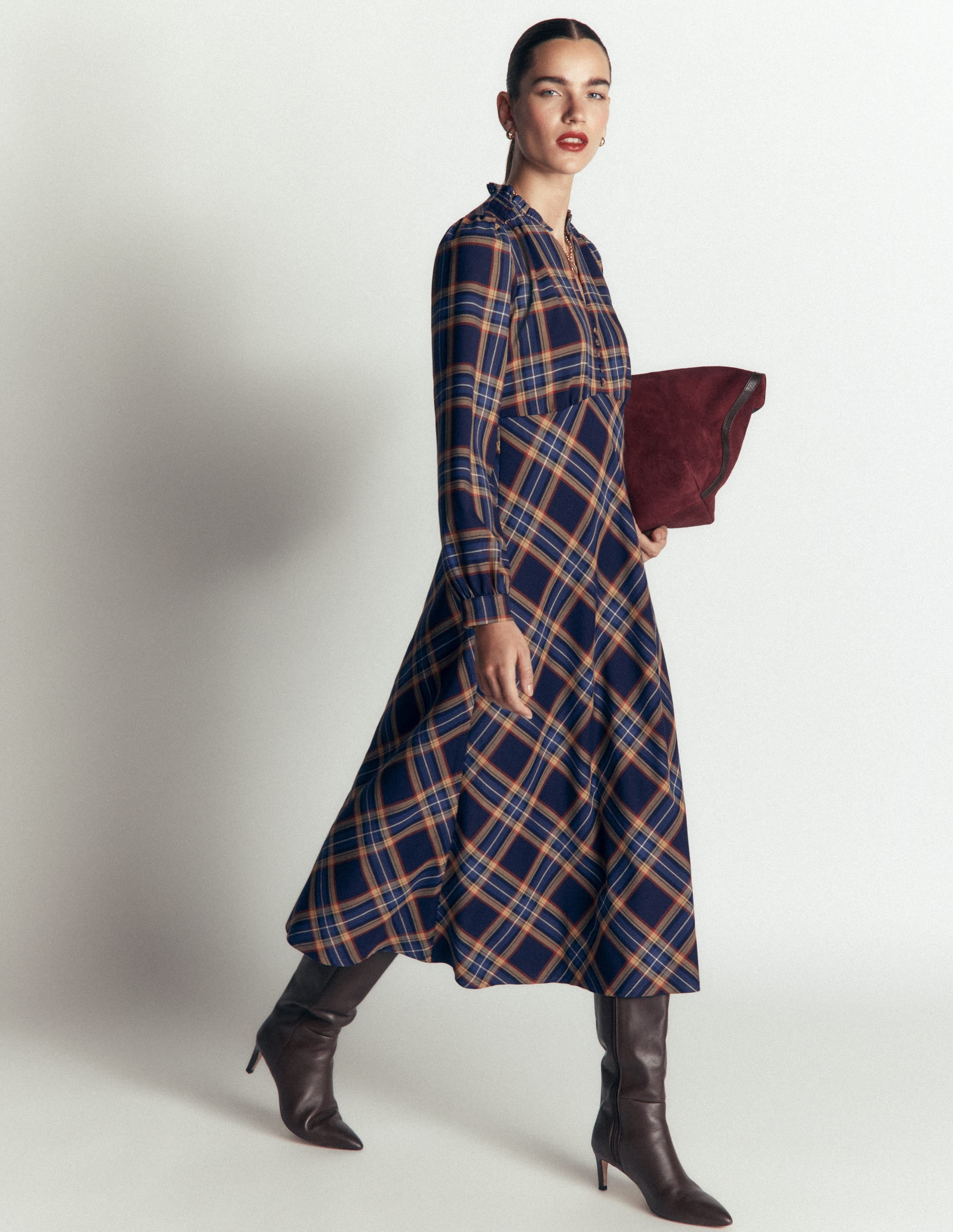 Cassie Checked Tea Dress-Navy and Camel Check - Image 1