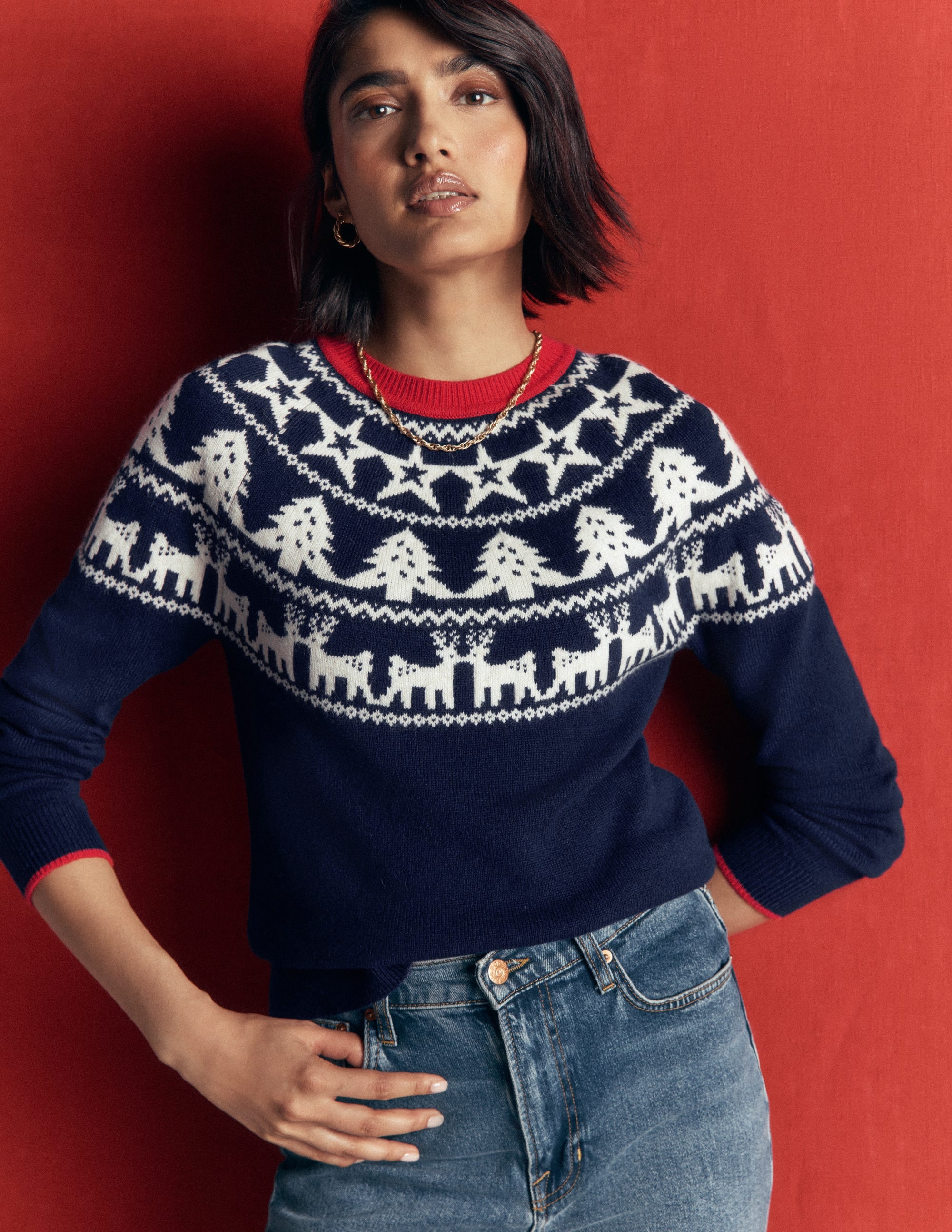Edie Fair-Isle-Pullover-Marineblau Rentier - Image 1