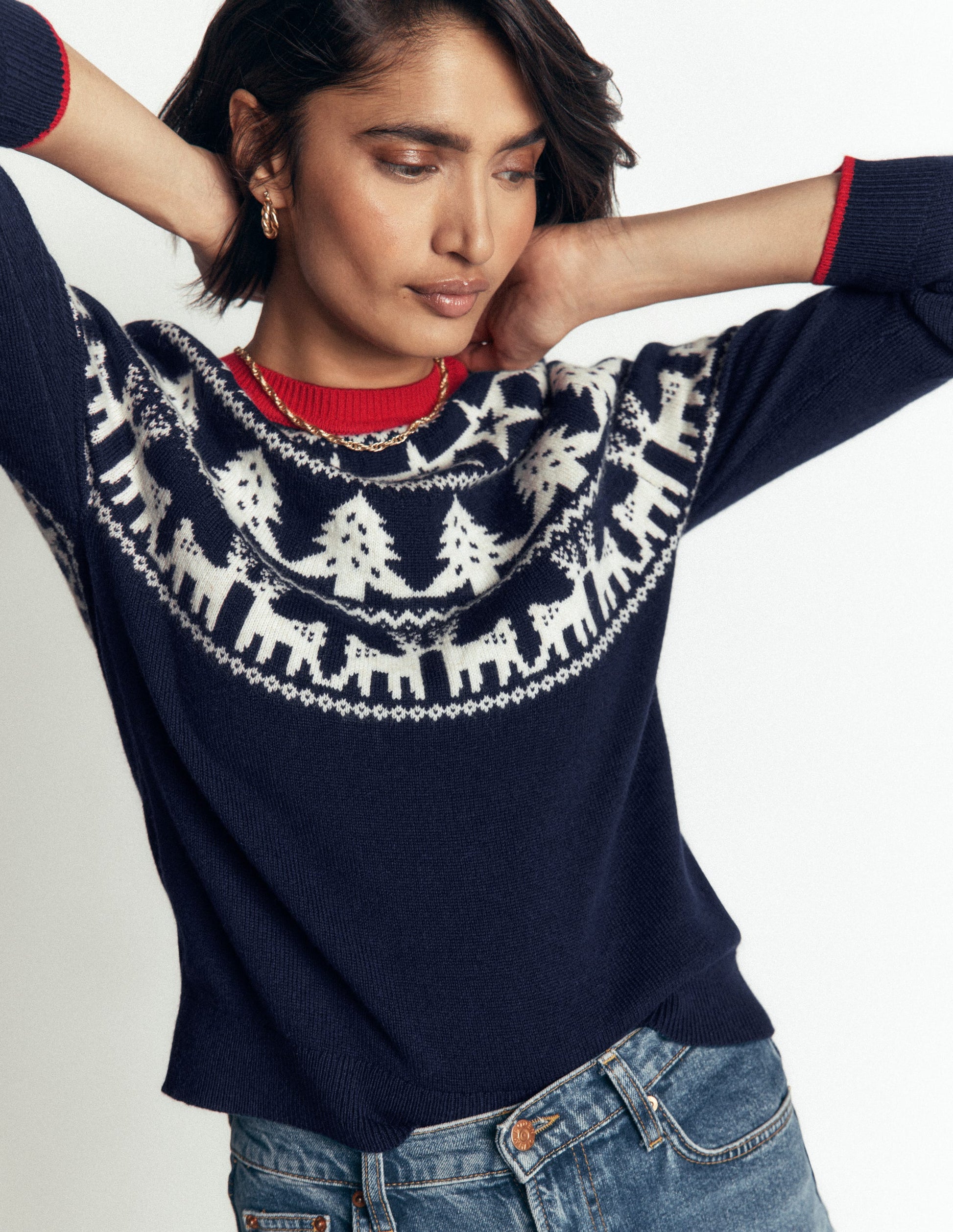 Edie Fair-Isle-Pullover-Marineblau Rentier-5