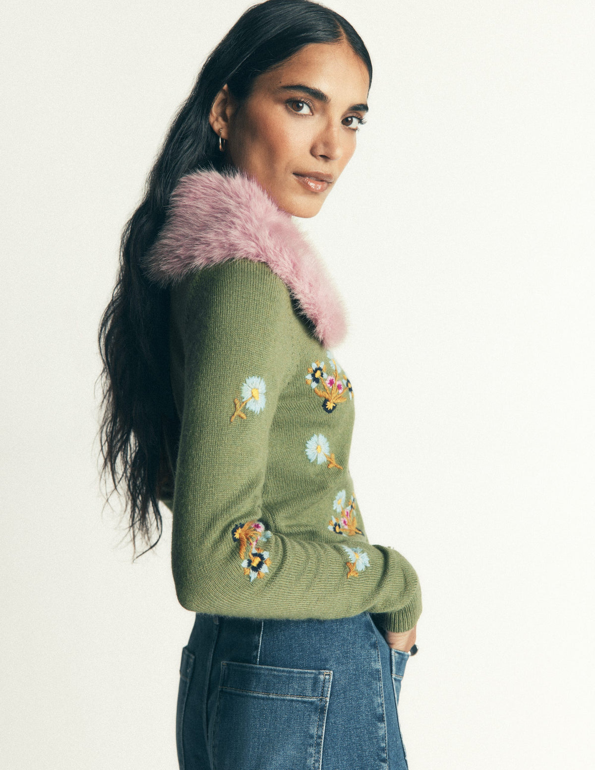 Verkürzte Strickjacke mit Fellkragen-Lorbeergrün, Bestickt-3