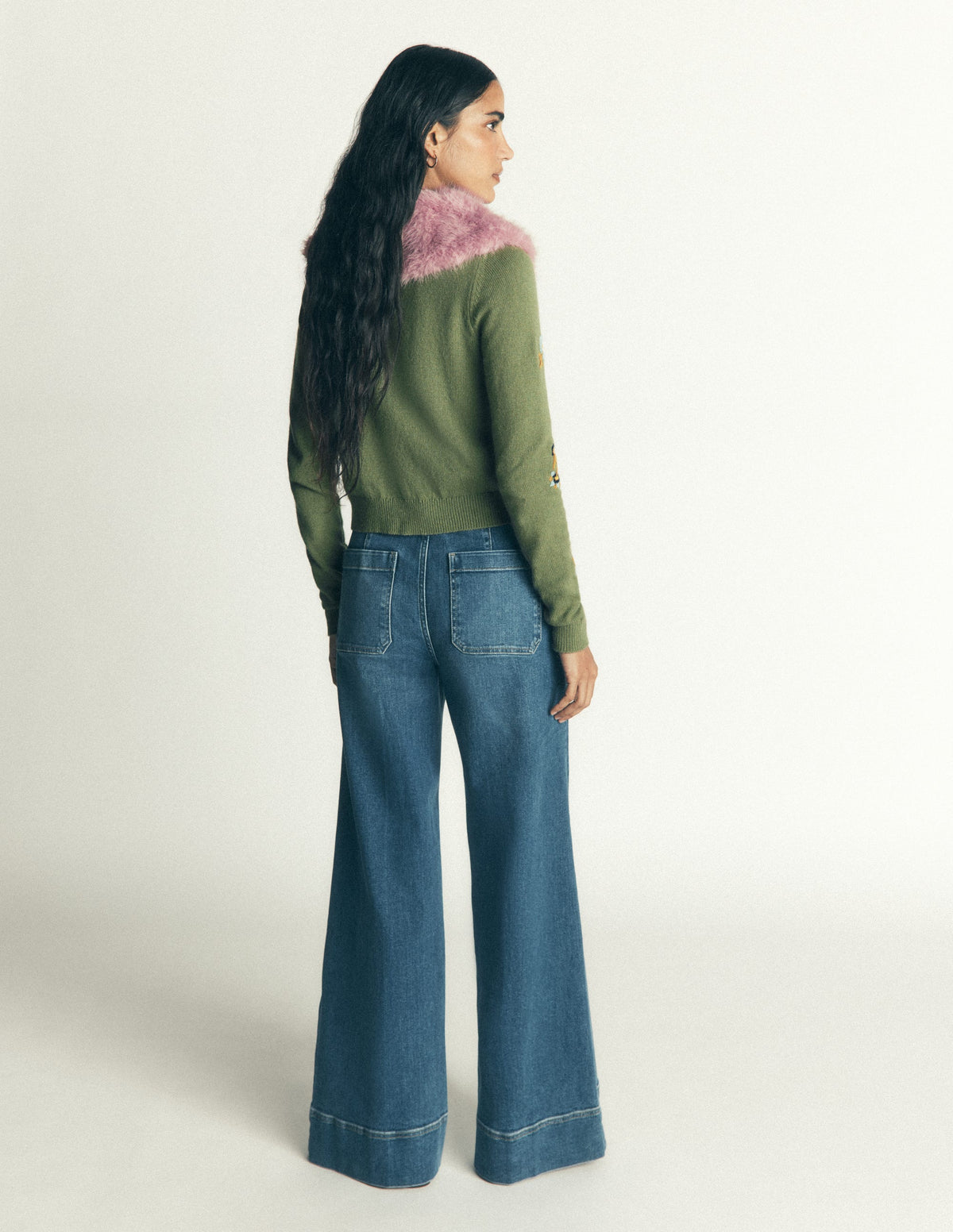 Verkürzte Strickjacke mit Fellkragen-Lorbeergrün, Bestickt-6
