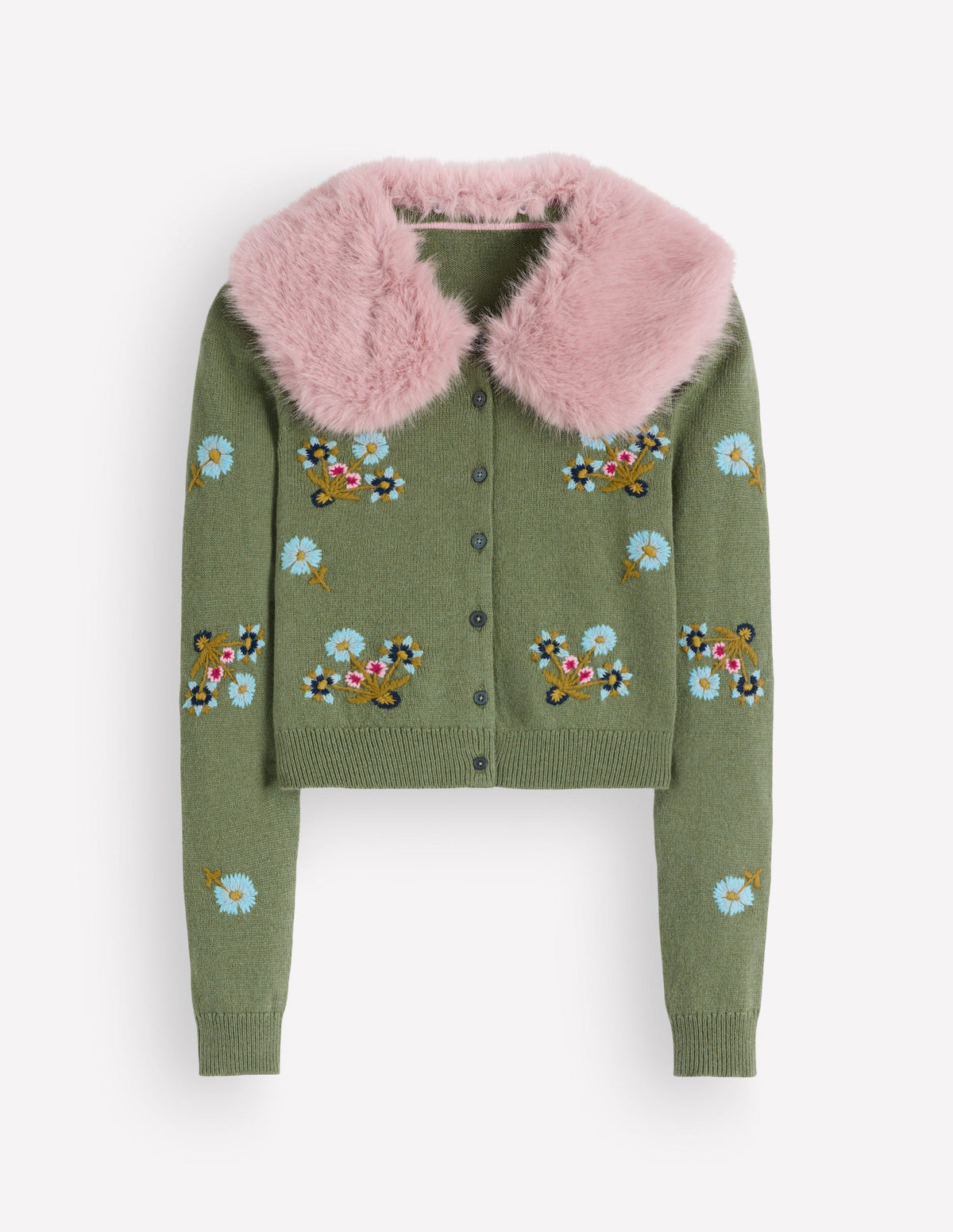 Verkürzte Strickjacke mit Fellkragen-Lorbeergrün, Bestickt - Image 8